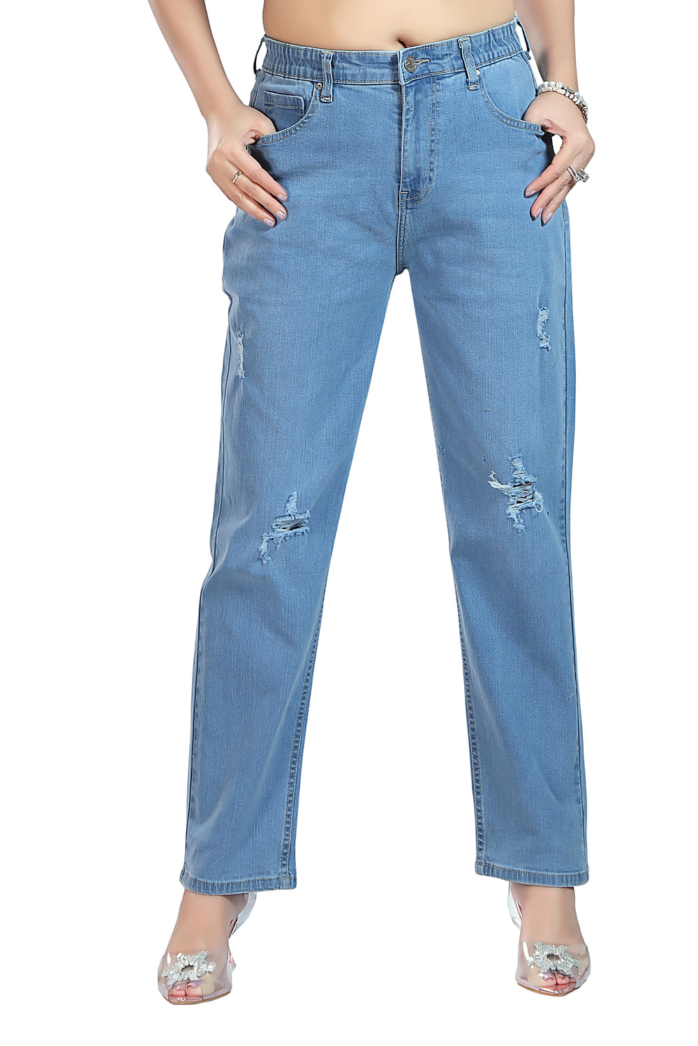 Women's Mid Rise Straight Fit Sky Blue Stretchable Denim Jeans 1024