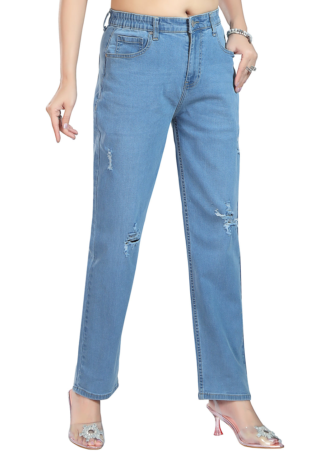Women's Mid Rise Straight Fit Sky Blue Stretchable Denim Jeans 1024