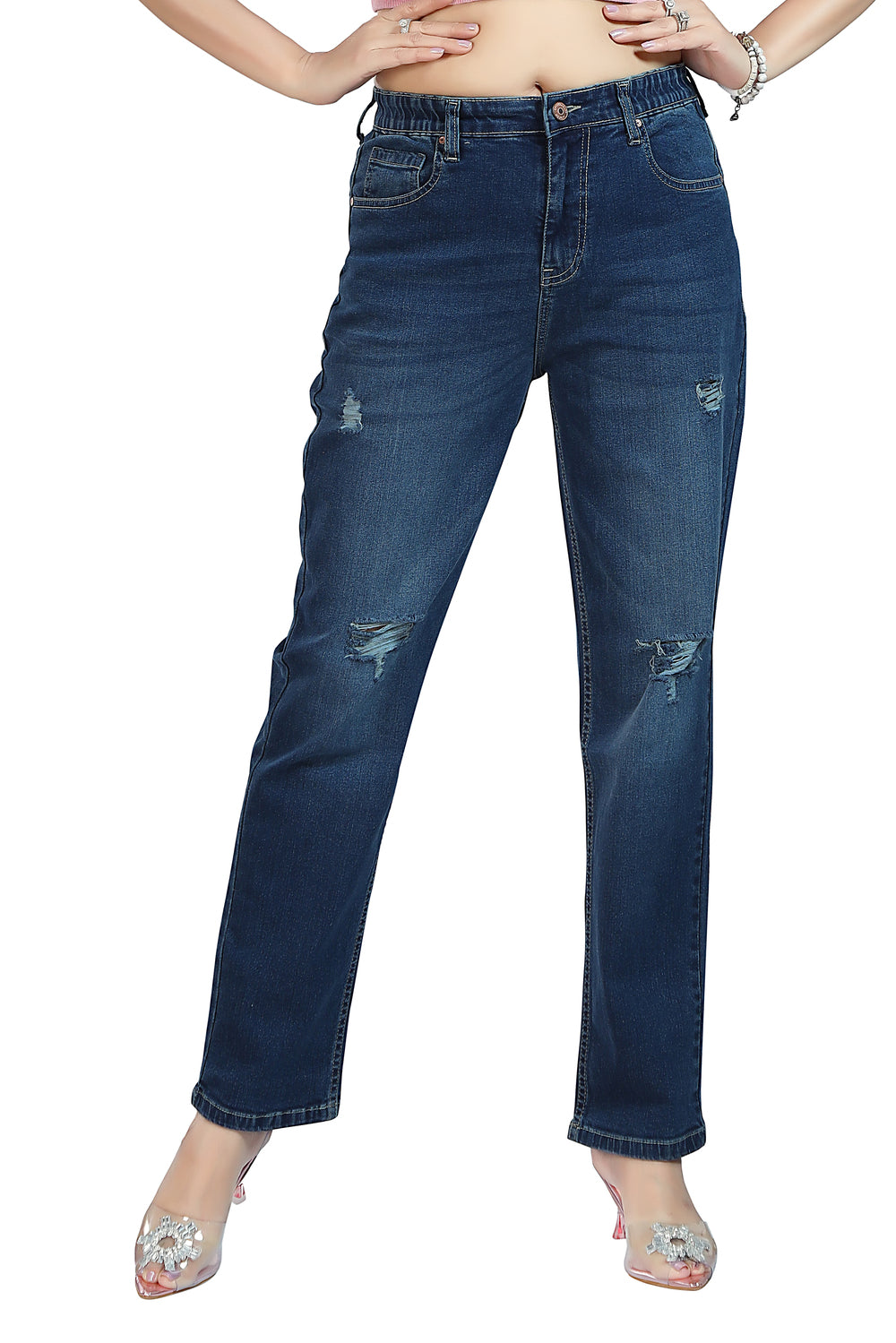 Women's Mid Rise Straight Fit Tinted Blue Stretchable Denim Jeans 1023