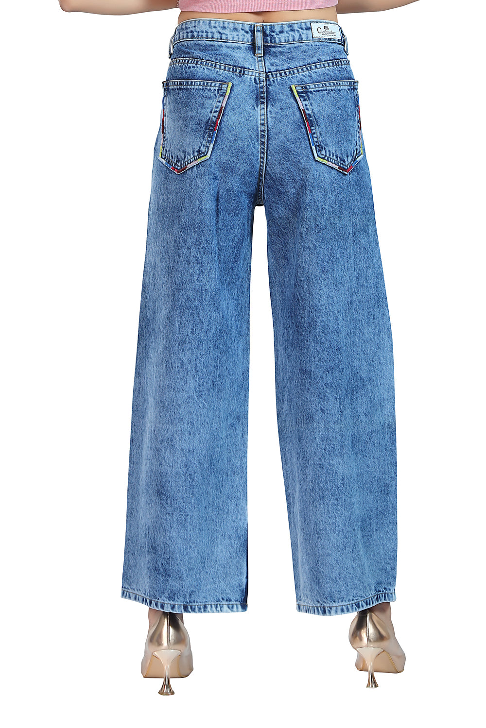 Women's High Rise Wide Leg Fit Sky Blue Non Stretchable Denim Jeans 1008