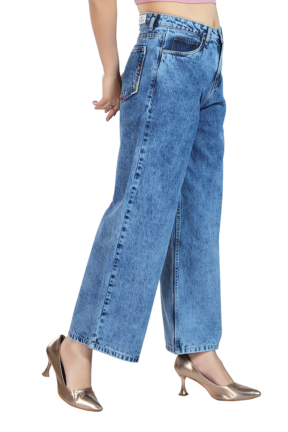 Women's High Rise Wide Leg Fit Sky Blue Non Stretchable Denim Jeans 1008