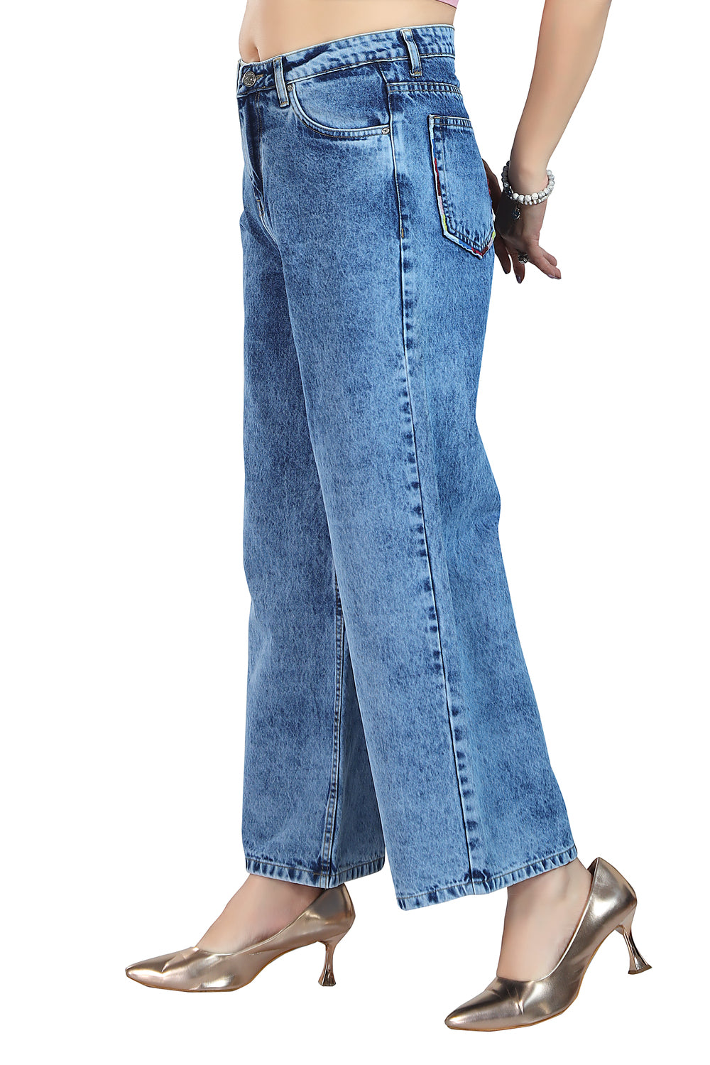 Women's High Rise Wide Leg Fit Sky Blue Non Stretchable Denim Jeans 1008