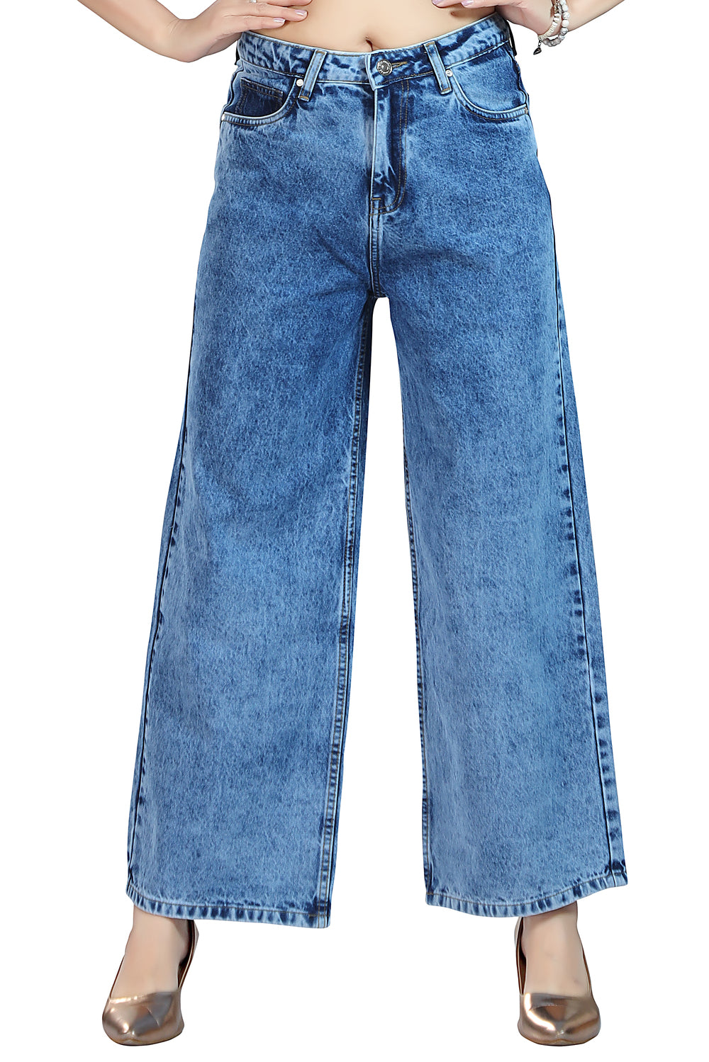 Women's High Rise Wide Leg Fit Sky Blue Non Stretchable Denim Jeans 1008