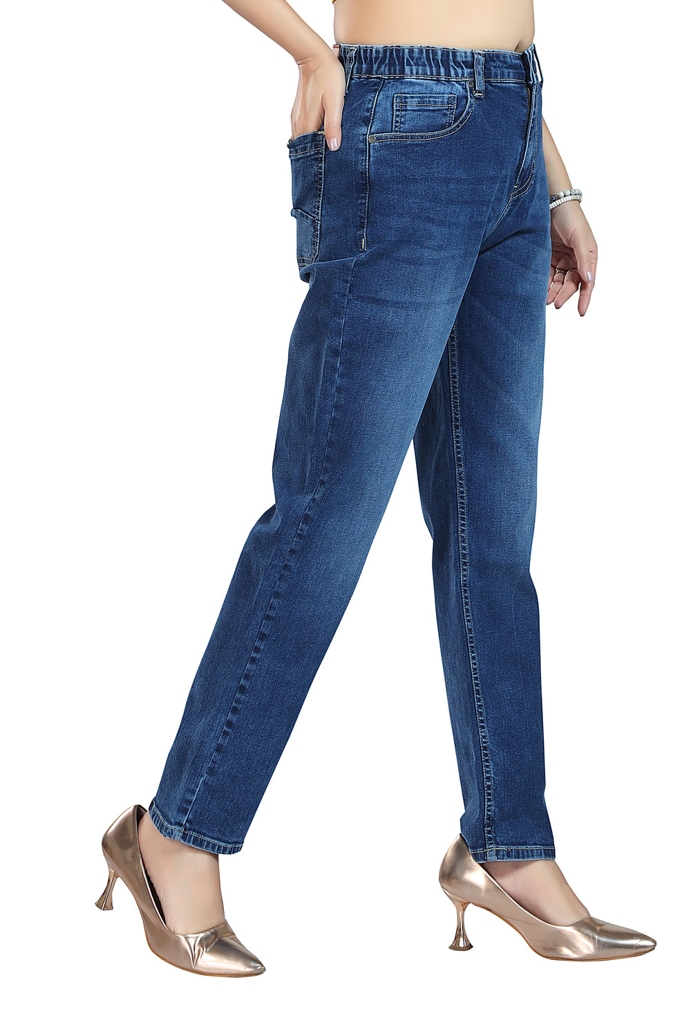Women's Mid Rise Straight Fit Mid Blue Stretchable Denim Jeans 1022