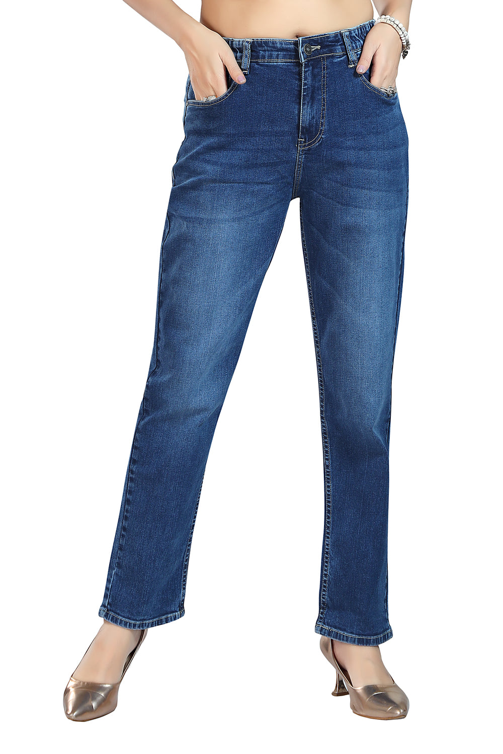 Women's Mid Rise Straight Fit Mid Blue Stretchable Denim Jeans 1022