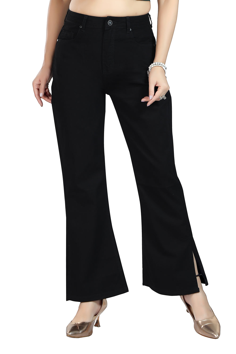 Women's High Rise Flare Fit Black Non-Stretchable Denim Jeans 1019