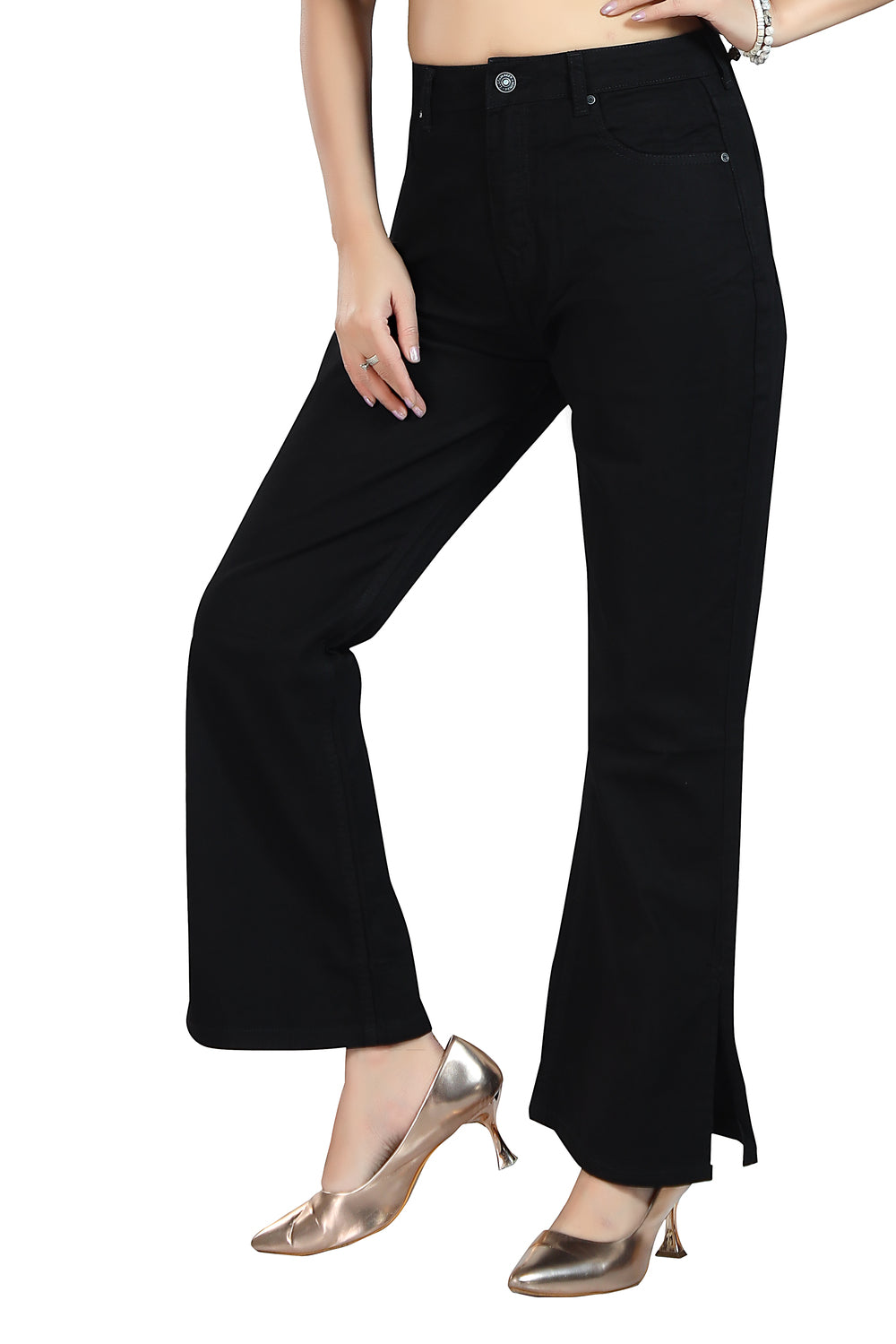 Women's High Rise Flare Fit Black Non-Stretchable Denim Jeans 1019