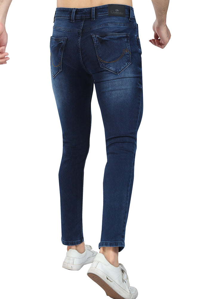 Men's Slim Fit Ankle Length Deep Blue Stretchable Denim Jeans 449
