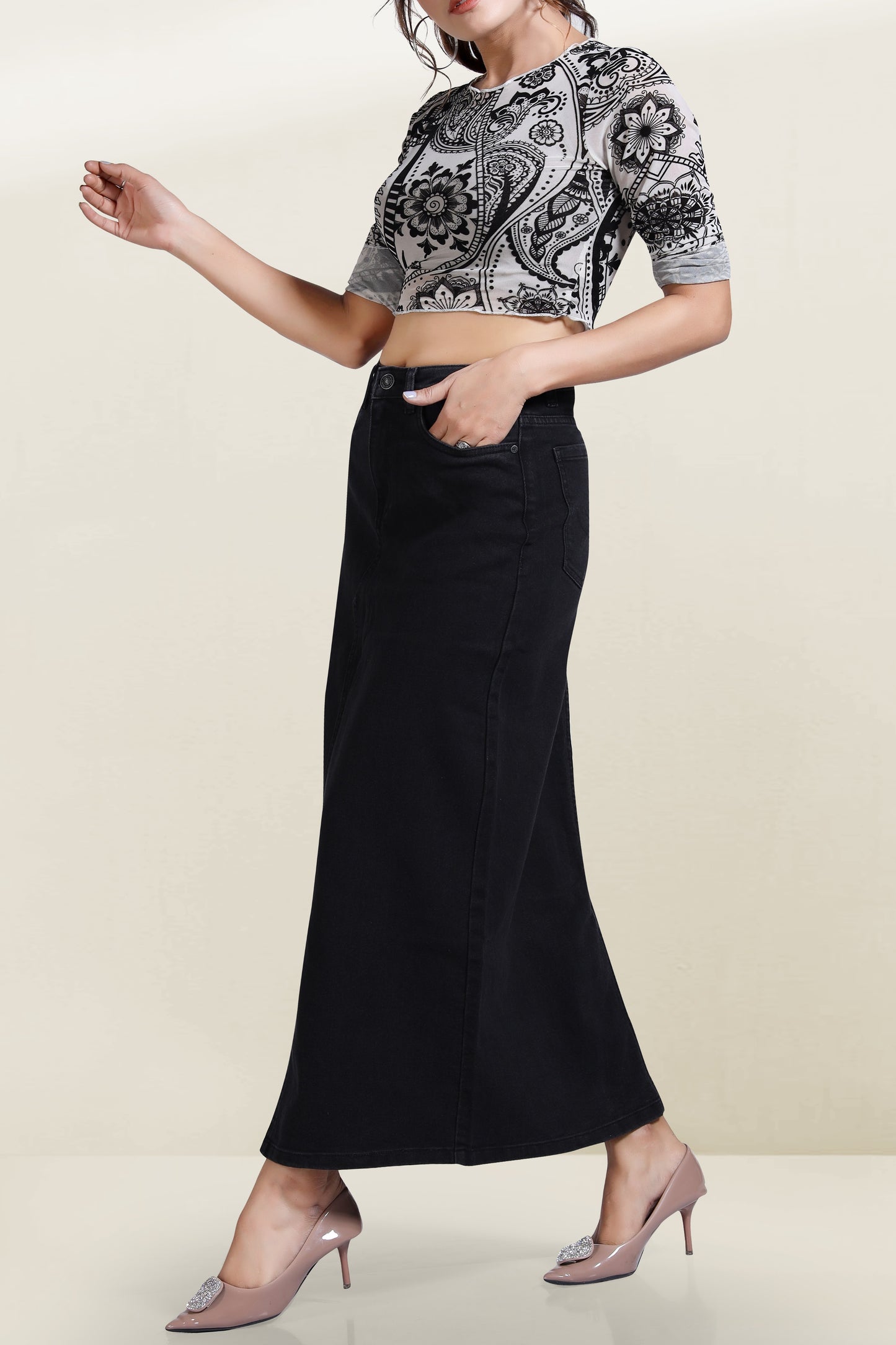 Clothmaker Women's Deep Black Denim Skirt - Non-Stretchable, Skirt Fit Design, Stylish & Comfortable Casual Wear for Everyday Look 1042
