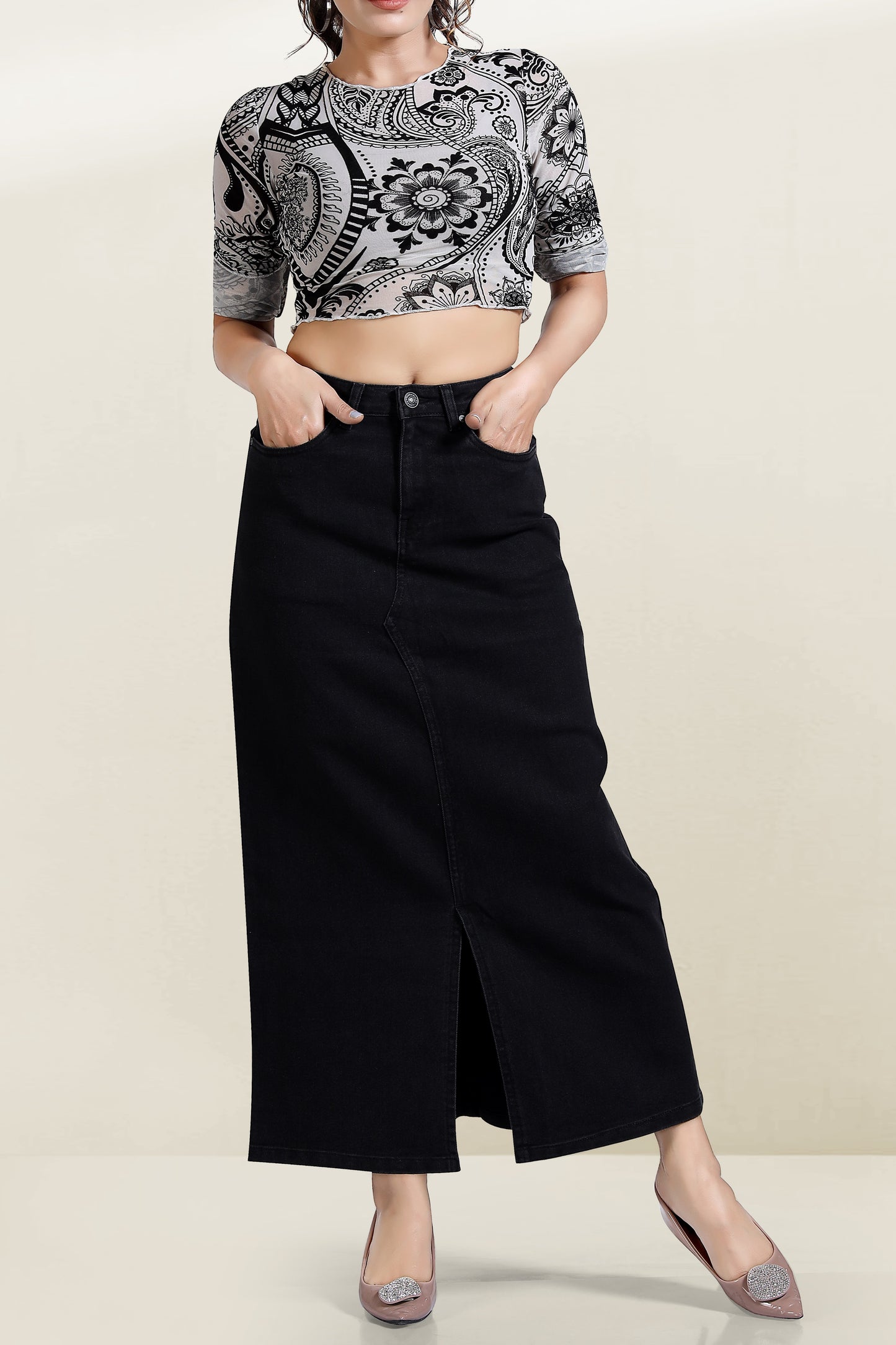 Clothmaker Women's Deep Black Denim Skirt - Non-Stretchable, Skirt Fit Design, Stylish & Comfortable Casual Wear for Everyday Look 1042