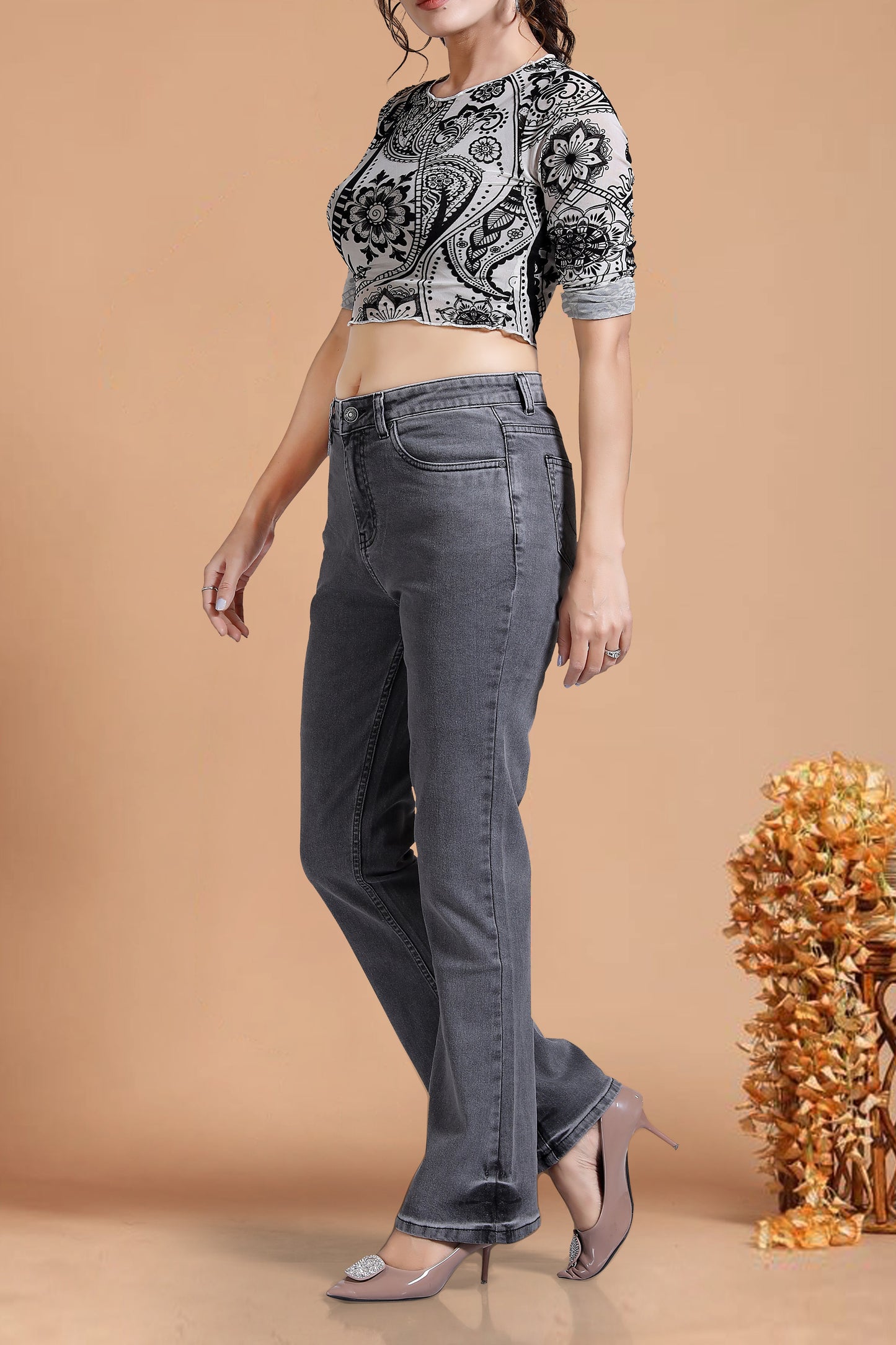 Clothmaker Women's High Rise Flare Fit Stretchable Grey Denim Jeans | Women's Flare Jeans | Grey High Rise Flare Jeans 1038