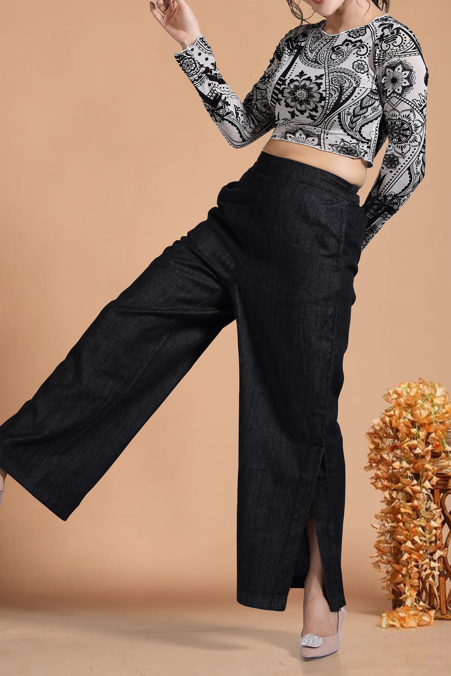 Clothmaker Women's High-Waisted Charcoal Denim Palazzo with Paisley Crop Top Set | Palazzo pants for women stylish | Palazzo pants for women daily wear 1017