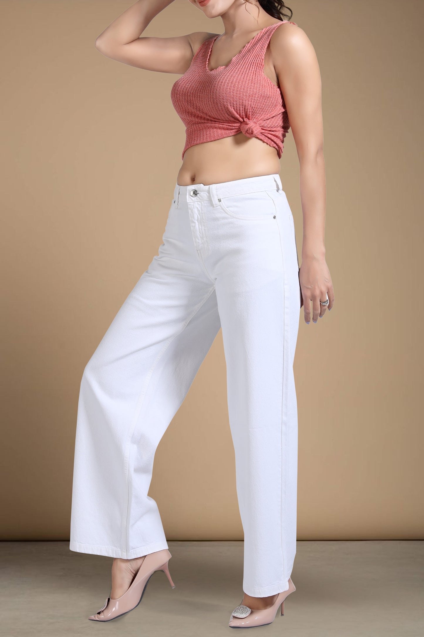 Clothmaker Women's White Wide-Leg Denim Jeans, High-Waisted Non-Stretchable Denim, Trendy Casual Wear for Women, Relaxed Fit 1058