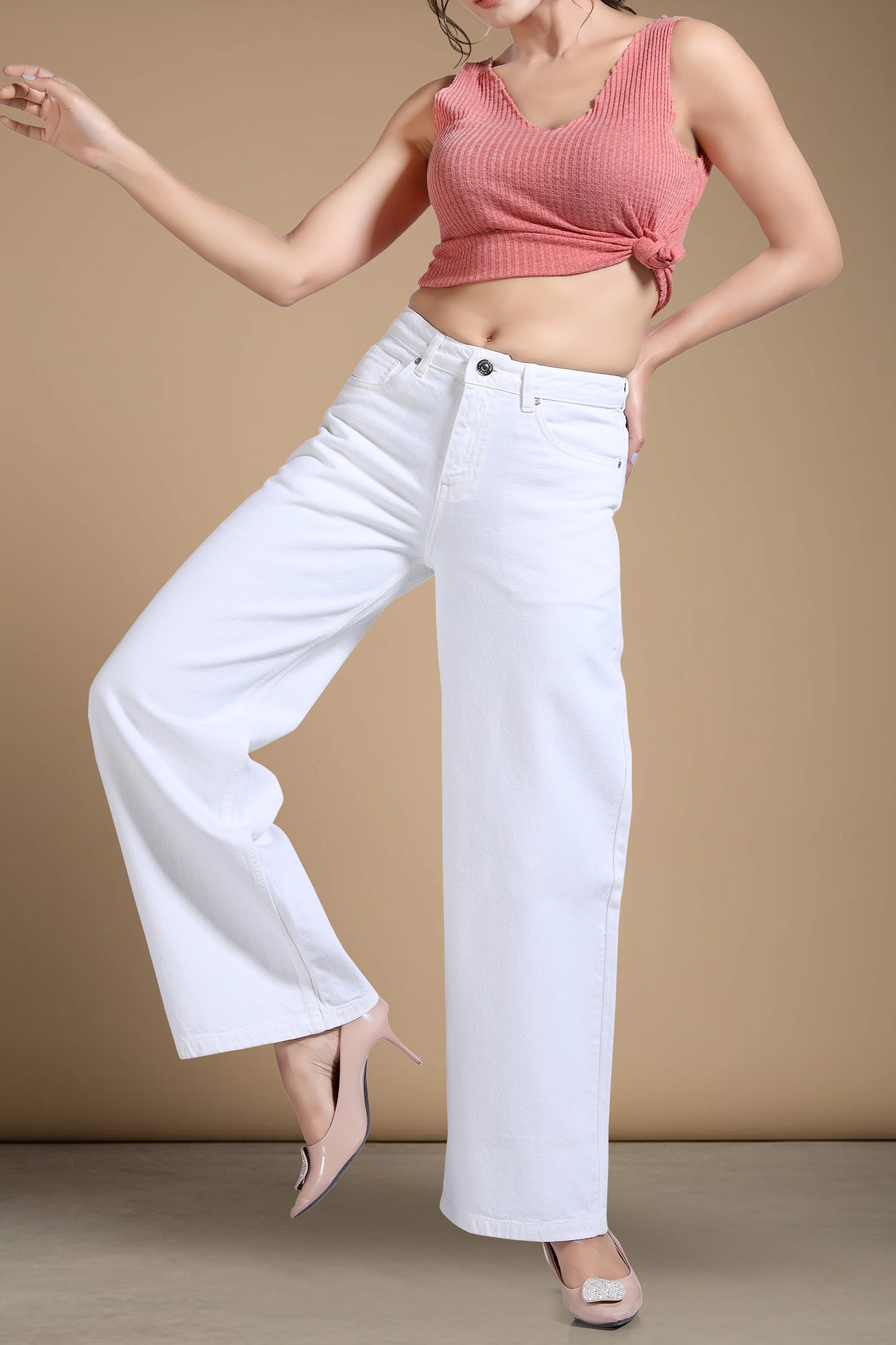 Clothmaker Women's White Wide-Leg Denim Jeans, High-Waisted Non-Stretchable Denim, Trendy Casual Wear for Women, Relaxed Fit 1058