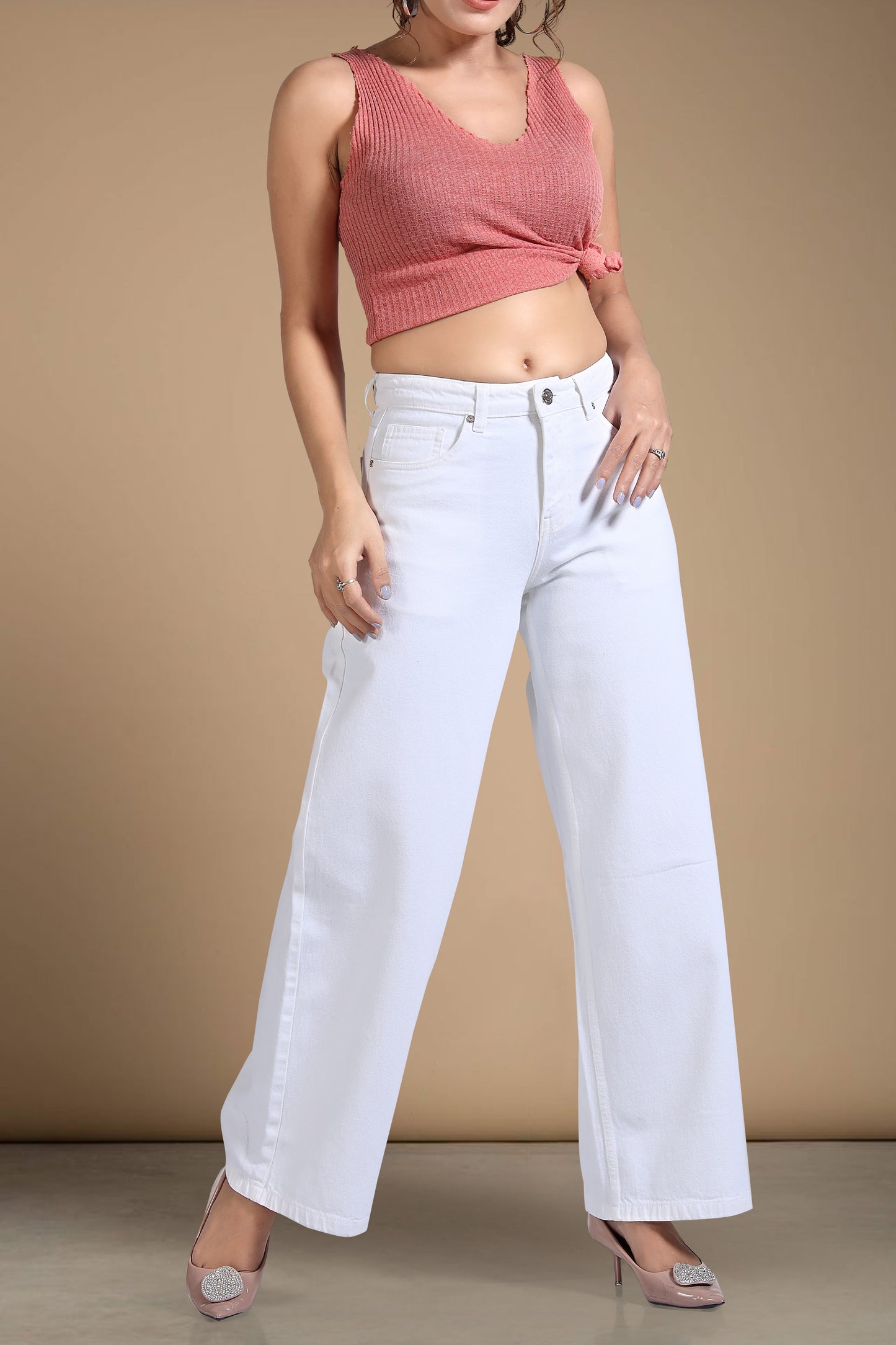 Clothmaker Women's White Wide-Leg Denim Jeans, High-Waisted Non-Stretchable Denim, Trendy Casual Wear for Women, Relaxed Fit 1058