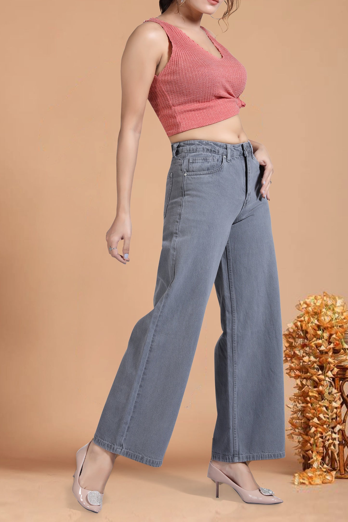 Clothmaker Women's Grey Wide-Leg Denim Jeans, High-Waisted Non-Stretchable Denim, Trendy Casual Wear for Women, Relaxed Fit 1059