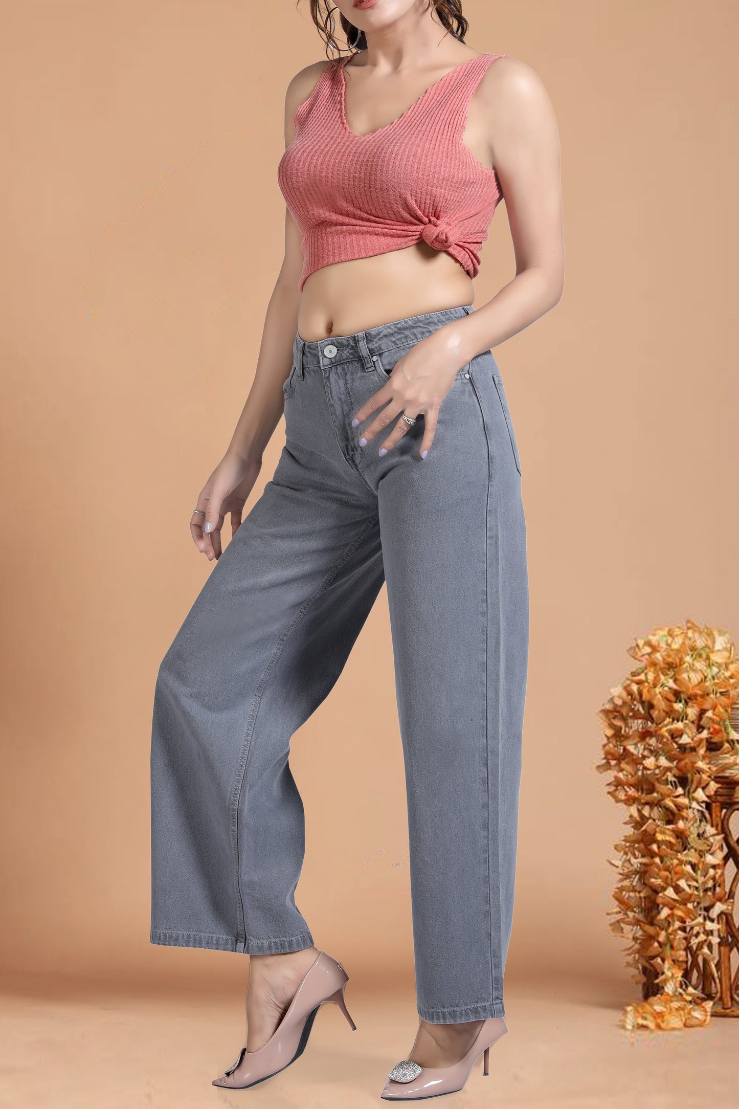 Clothmaker Women's Grey Wide-Leg Denim Jeans, High-Waisted Non-Stretchable Denim, Trendy Casual Wear for Women, Relaxed Fit 1059