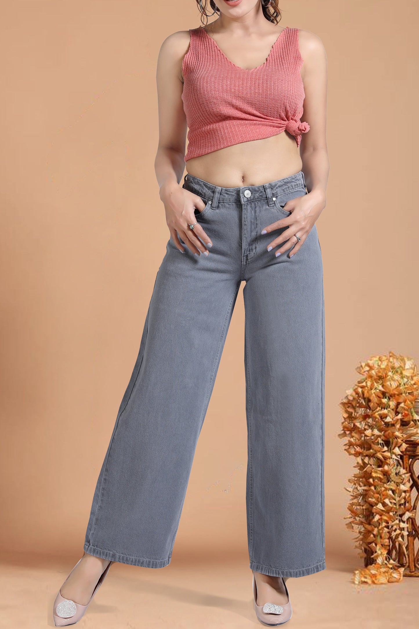 Clothmaker Women's Grey Wide-Leg Denim Jeans, High-Waisted Non-Stretchable Denim, Trendy Casual Wear for Women, Relaxed Fit 1059