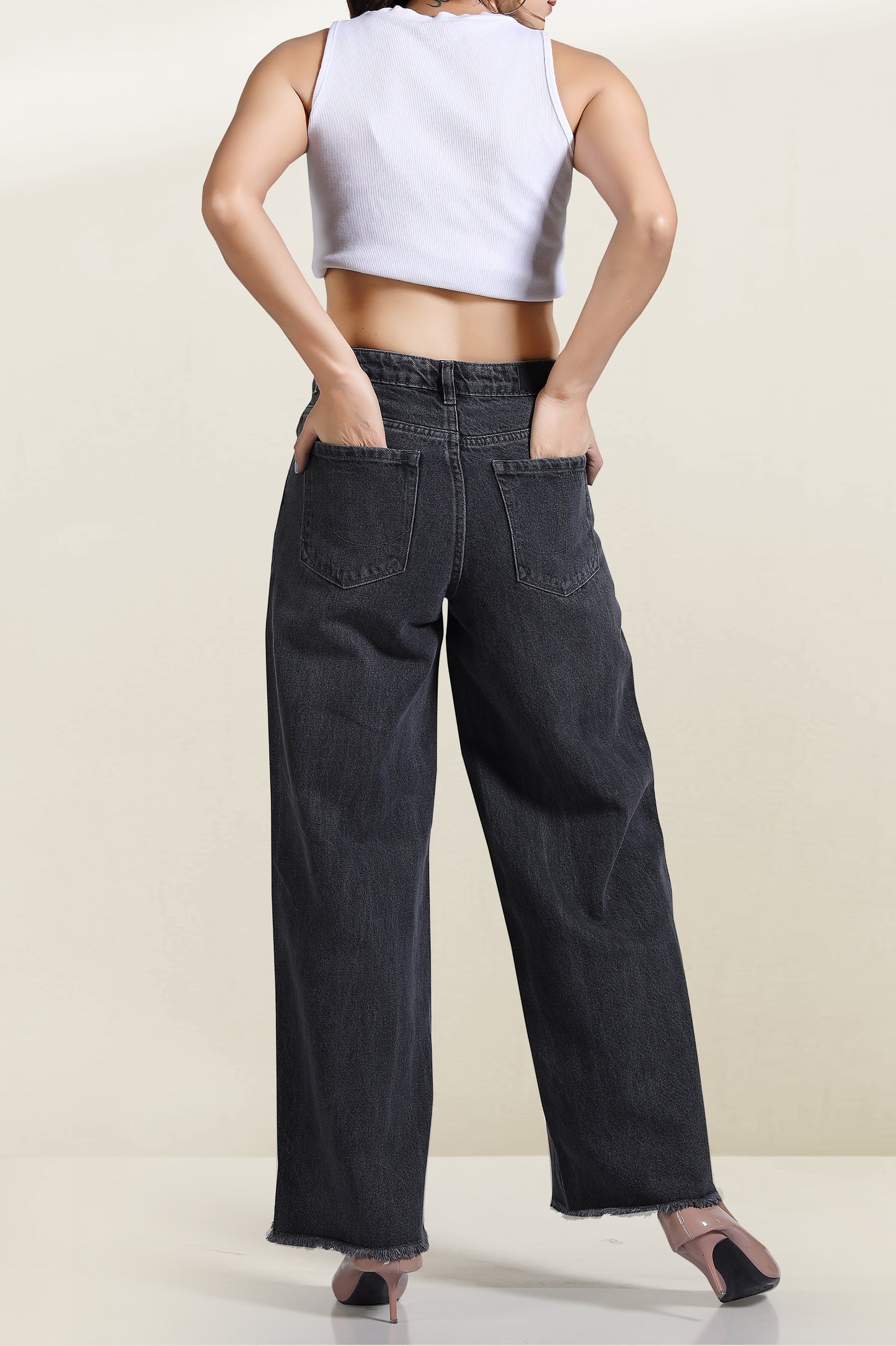 Clothmaker Women's Grey Wide-Leg Denim Jeans, High-Waisted Non-Stretchable Denim, Trendy Casual Wear for Women, Relaxed Fit 1043