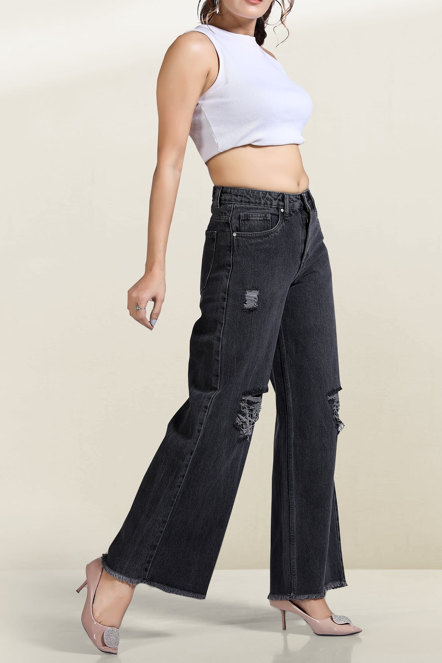 Clothmaker Women's Grey Wide-Leg Denim Jeans, High-Waisted Non-Stretchable Denim, Trendy Casual Wear for Women, Relaxed Fit 1043