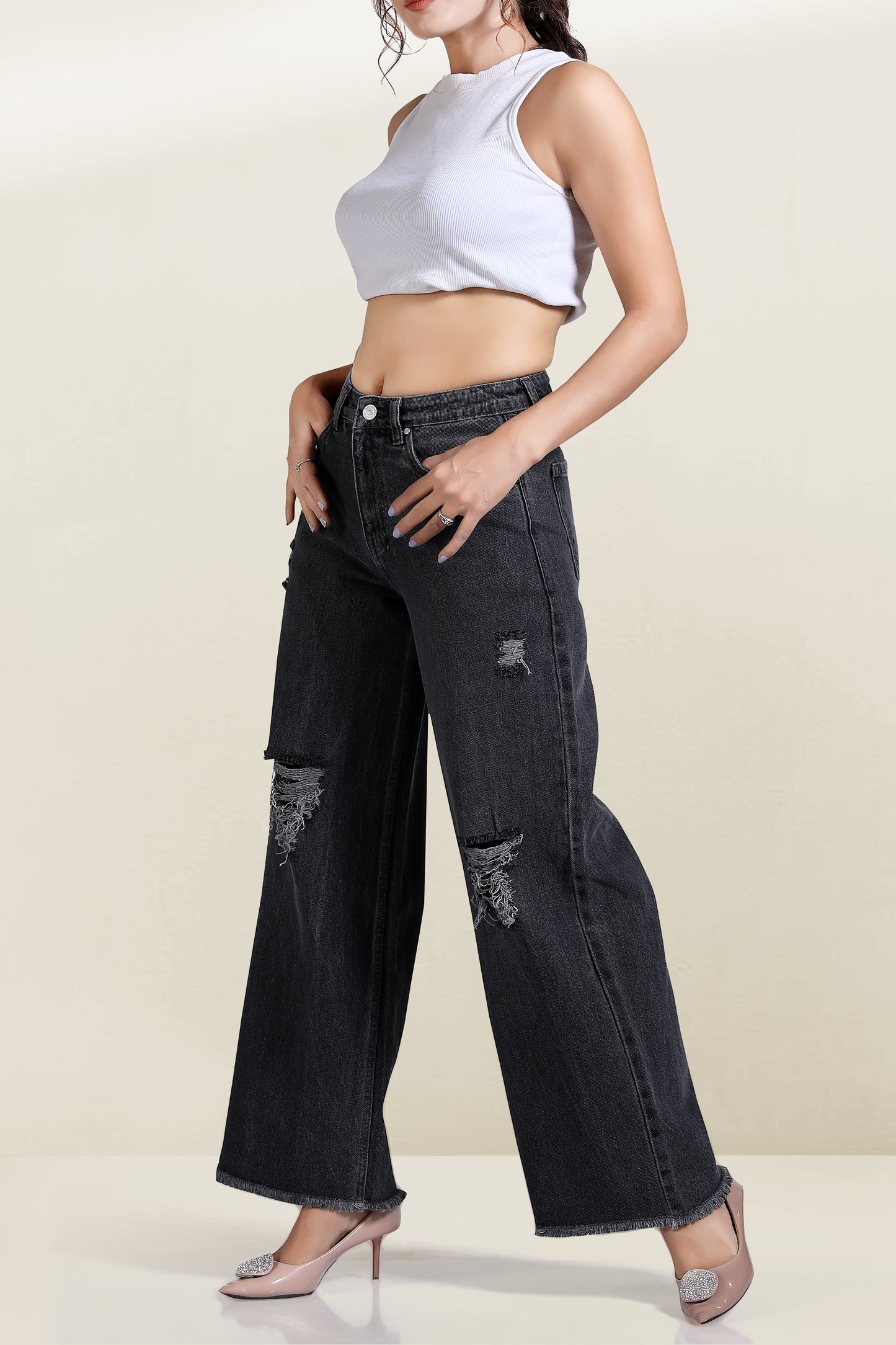 Clothmaker Women's Grey Wide-Leg Denim Jeans, High-Waisted Non-Stretchable Denim, Trendy Casual Wear for Women, Relaxed Fit 1043