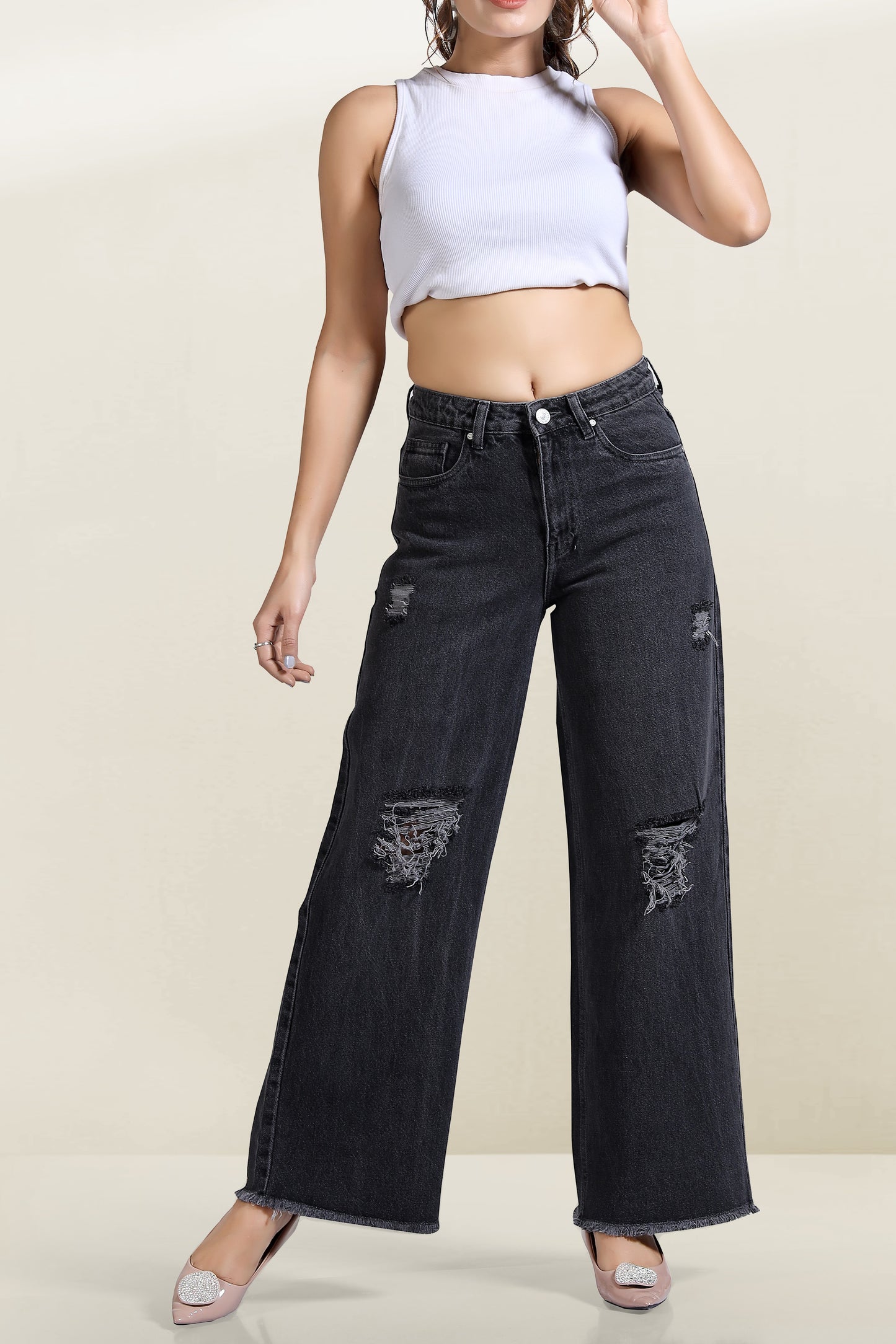 Clothmaker Women's Grey Wide-Leg Denim Jeans, High-Waisted Non-Stretchable Denim, Trendy Casual Wear for Women, Relaxed Fit 1043