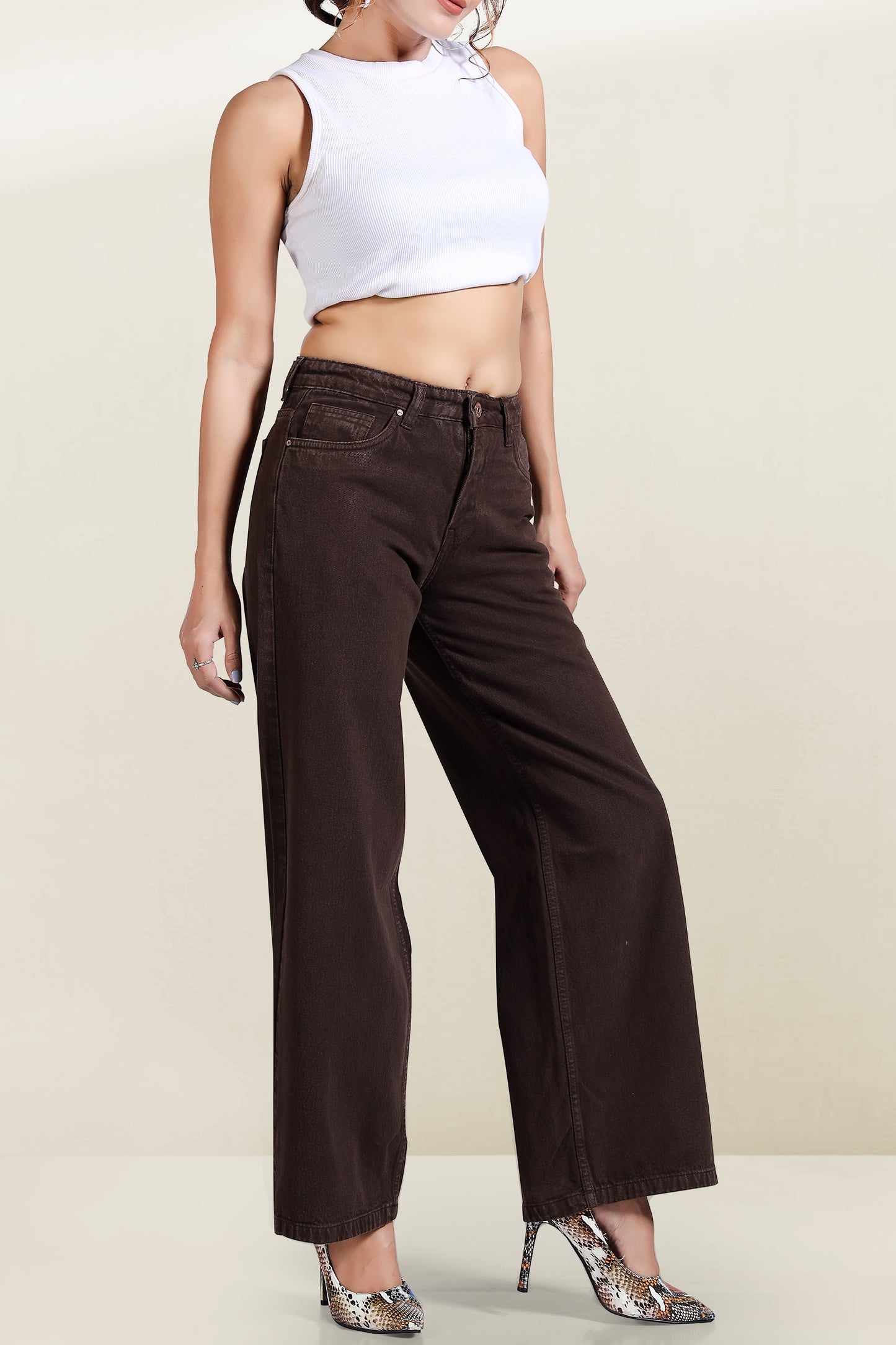 Clothmaker Women's Coffee Brown Wide-Leg Denim Jeans, High-Waisted Non-Stretchable Denim, Trendy Casual Wear for Women, Relaxed Fit 1057
