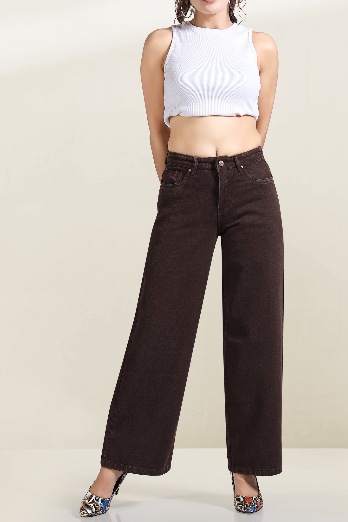 Clothmaker Women's Coffee Brown Wide-Leg Denim Jeans, High-Waisted Non-Stretchable Denim, Trendy Casual Wear for Women, Relaxed Fit 1057