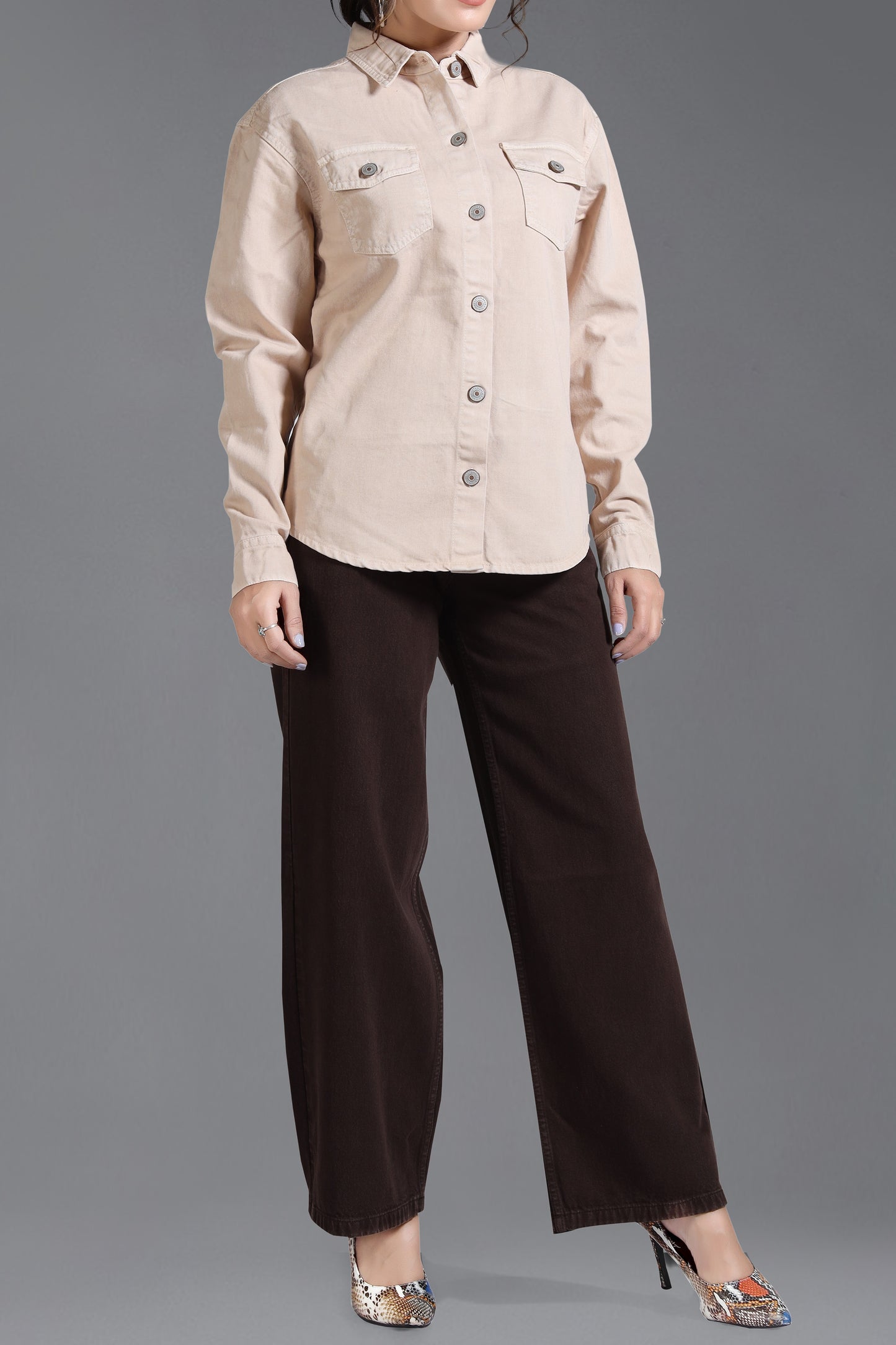 Clothmaker Women's Beige Shacket - Non-Stretchable Denim, Stylish and Comfortable Outerwear, Perfect for Casual and Layered Looks 2009