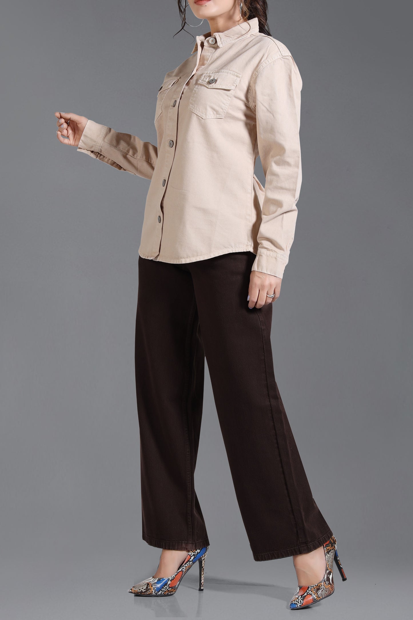 Clothmaker Women's Beige Shacket - Non-Stretchable Denim, Stylish and Comfortable Outerwear, Perfect for Casual and Layered Looks 2009