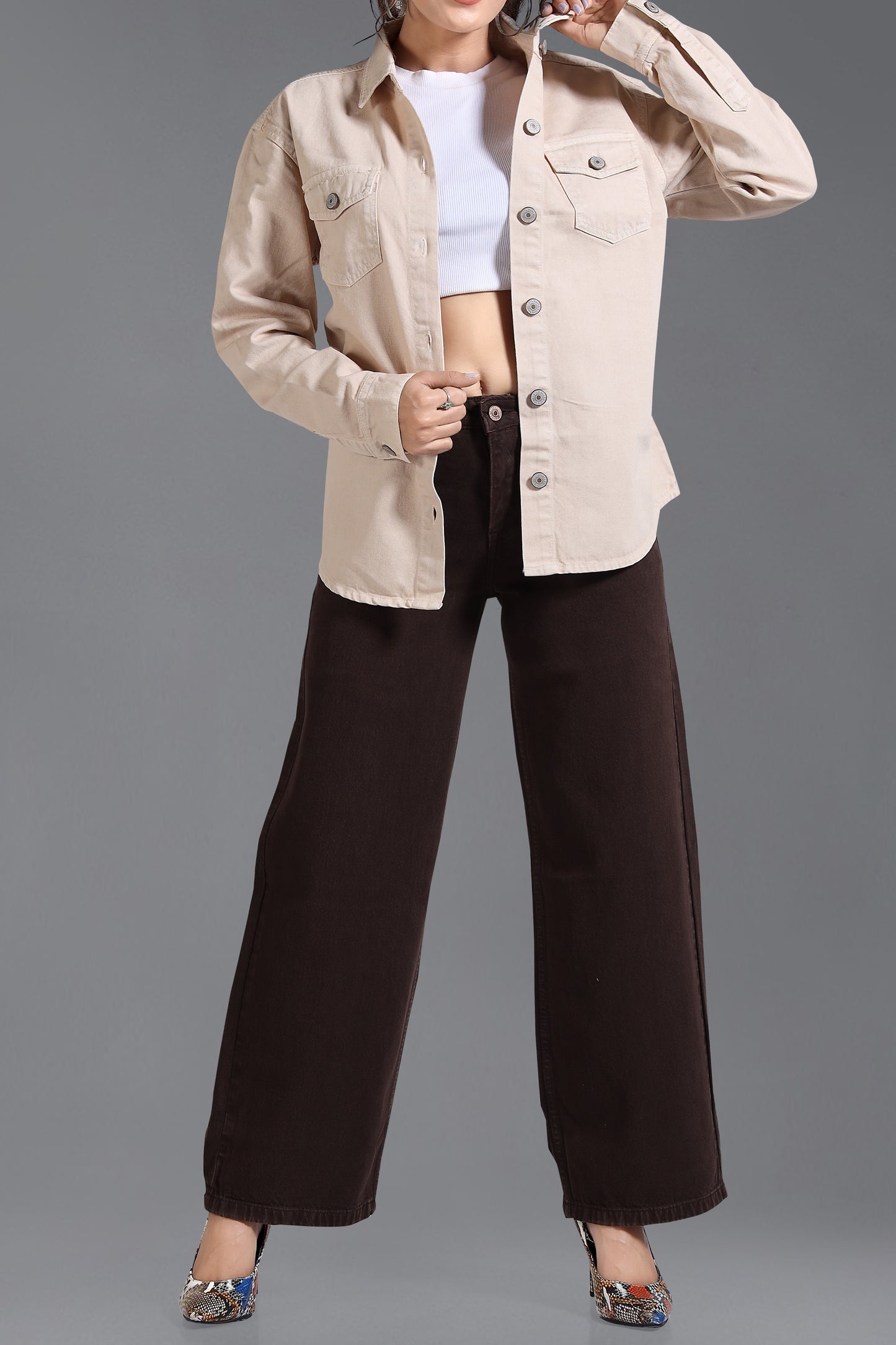 Clothmaker Women's Beige Shacket - Non-Stretchable Denim, Stylish and Comfortable Outerwear, Perfect for Casual and Layered Looks 2009