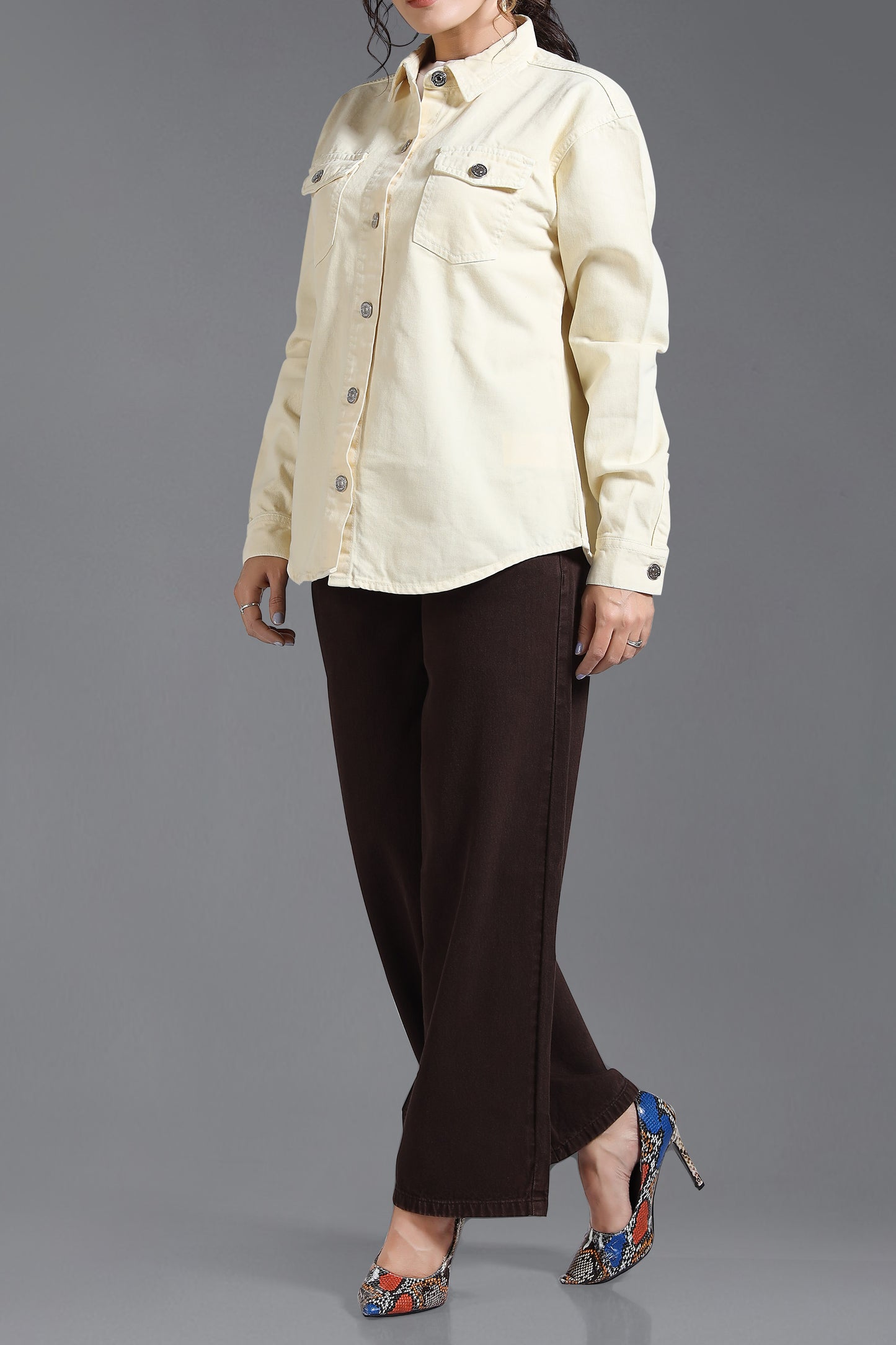 Clothmaker Women's Yellow Shacket - Non-Stretchable Denim, Stylish and Comfortable Outerwear, Perfect for Casual and Layered Looks 2007