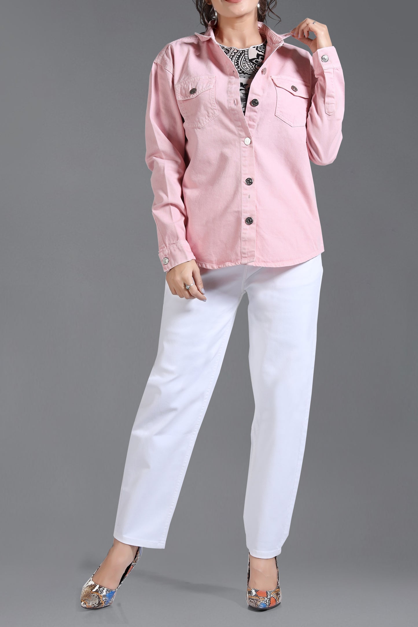 Clothmaker Women's Pink Shacket - Non-Stretchable Denim, Stylish and Comfortable Outerwear, Perfect for Casual and Layered Looks 2012
