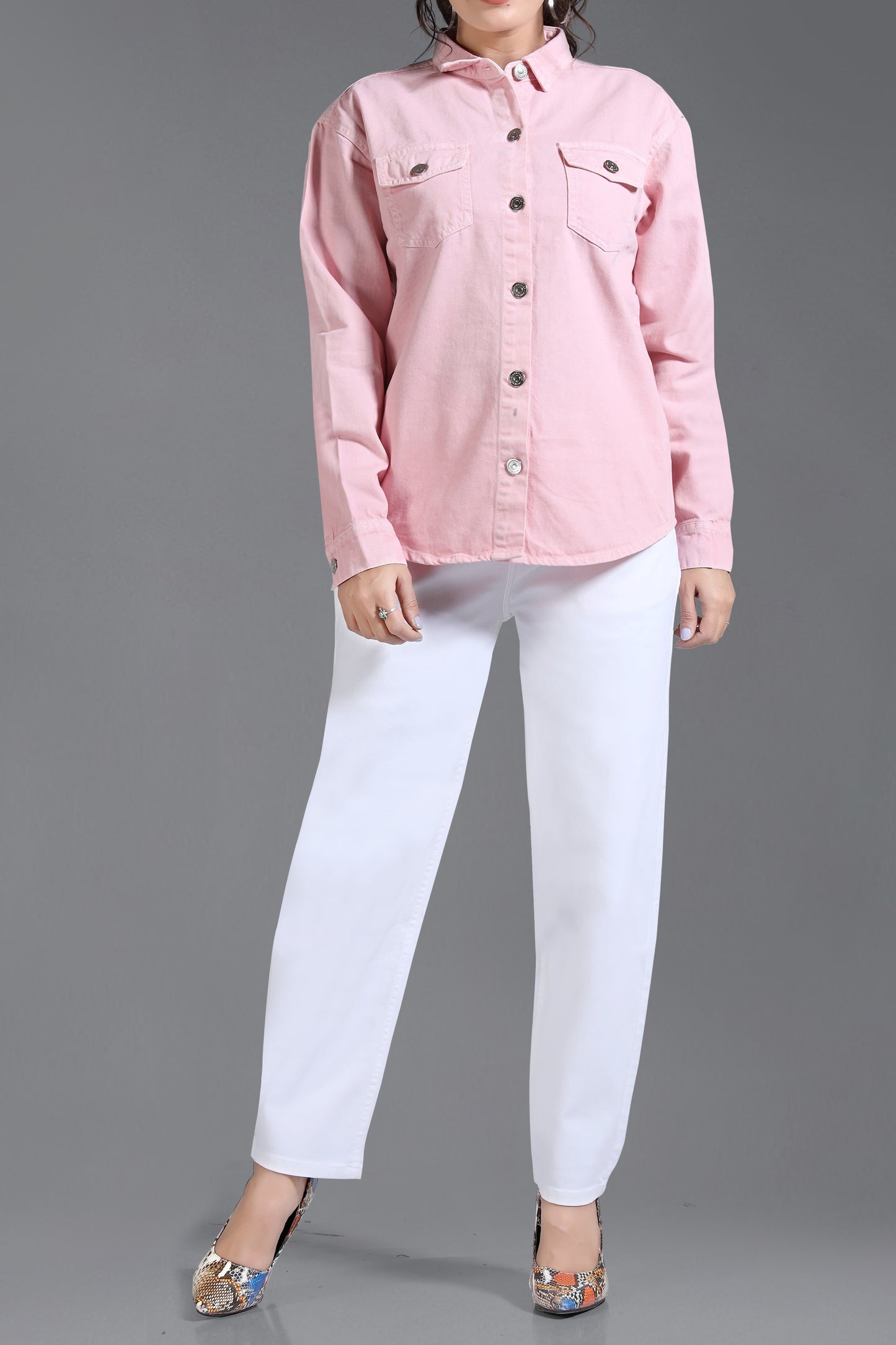 Clothmaker Women's Pink Shacket - Non-Stretchable Denim, Stylish and Comfortable Outerwear, Perfect for Casual and Layered Looks 2012