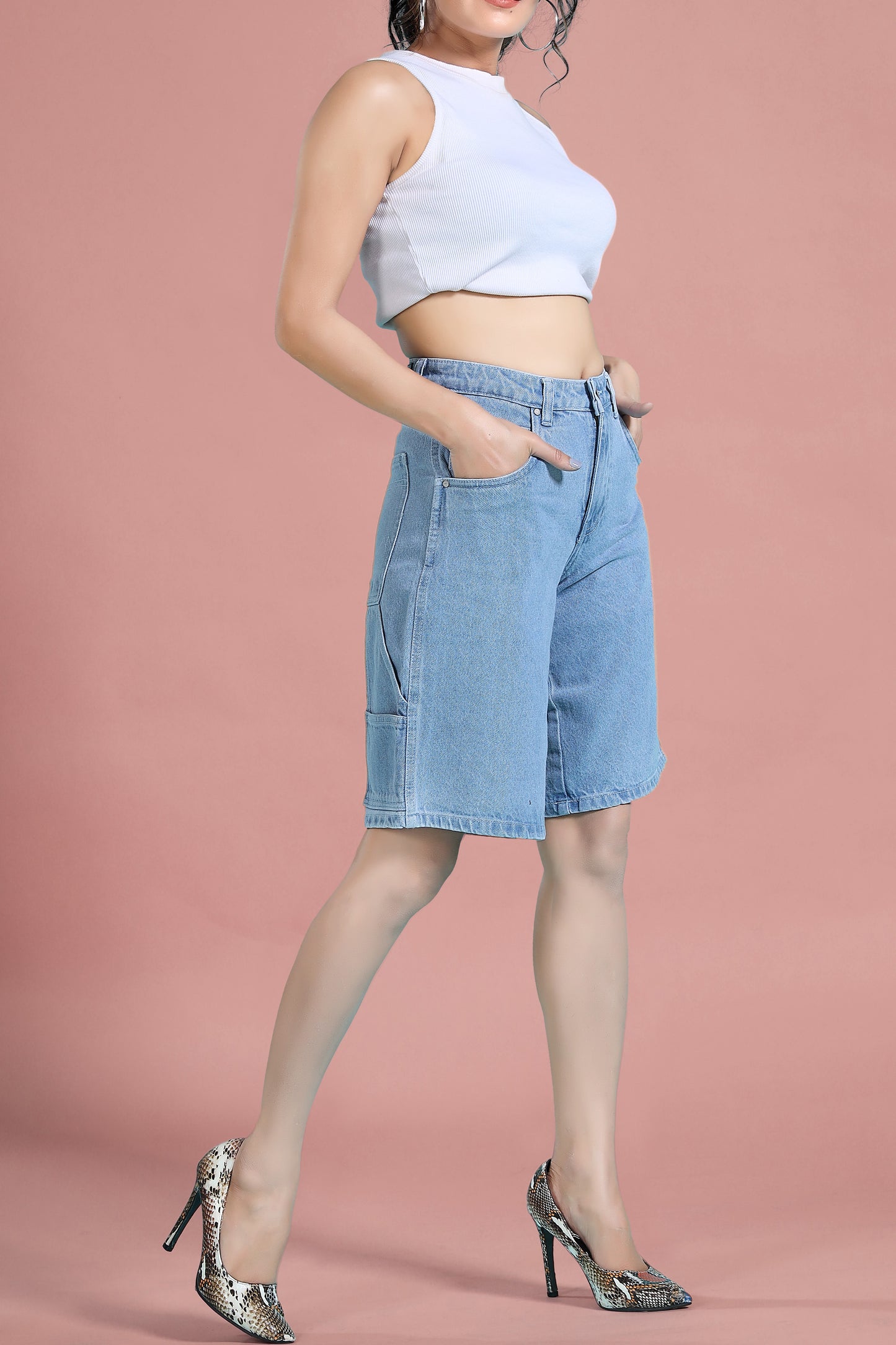 Clothmaker Women's Bermuda Fit Denim Shorts, Ice Blue, Non-Stretchable, Stylish & Comfortable Casual Wear for Women - Denim Short 1049