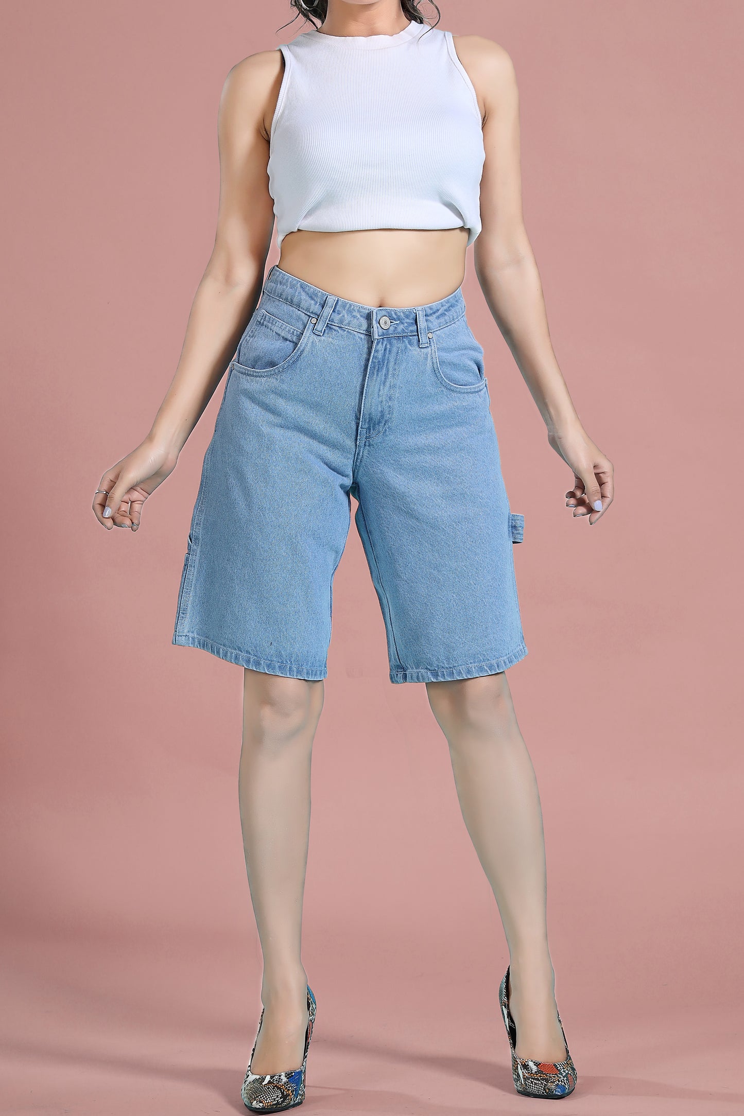 Clothmaker Women's Bermuda Fit Denim Shorts, Ice Blue, Non-Stretchable, Stylish & Comfortable Casual Wear for Women - Denim Short 1049
