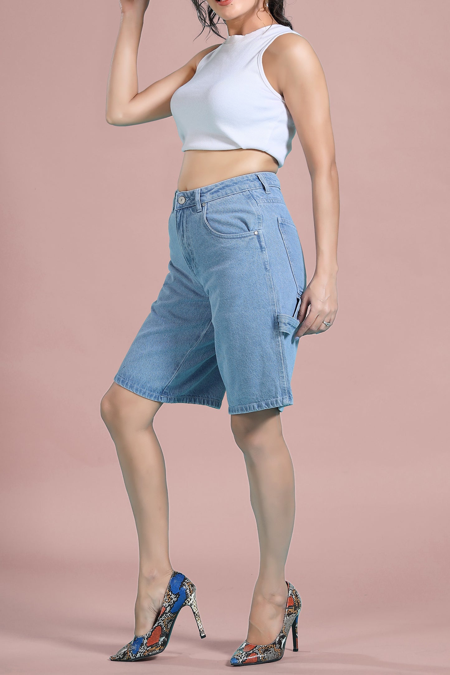 Clothmaker Women's Bermuda Fit Denim Shorts, Ice Blue, Non-Stretchable, Stylish & Comfortable Casual Wear for Women - Denim Short 1049