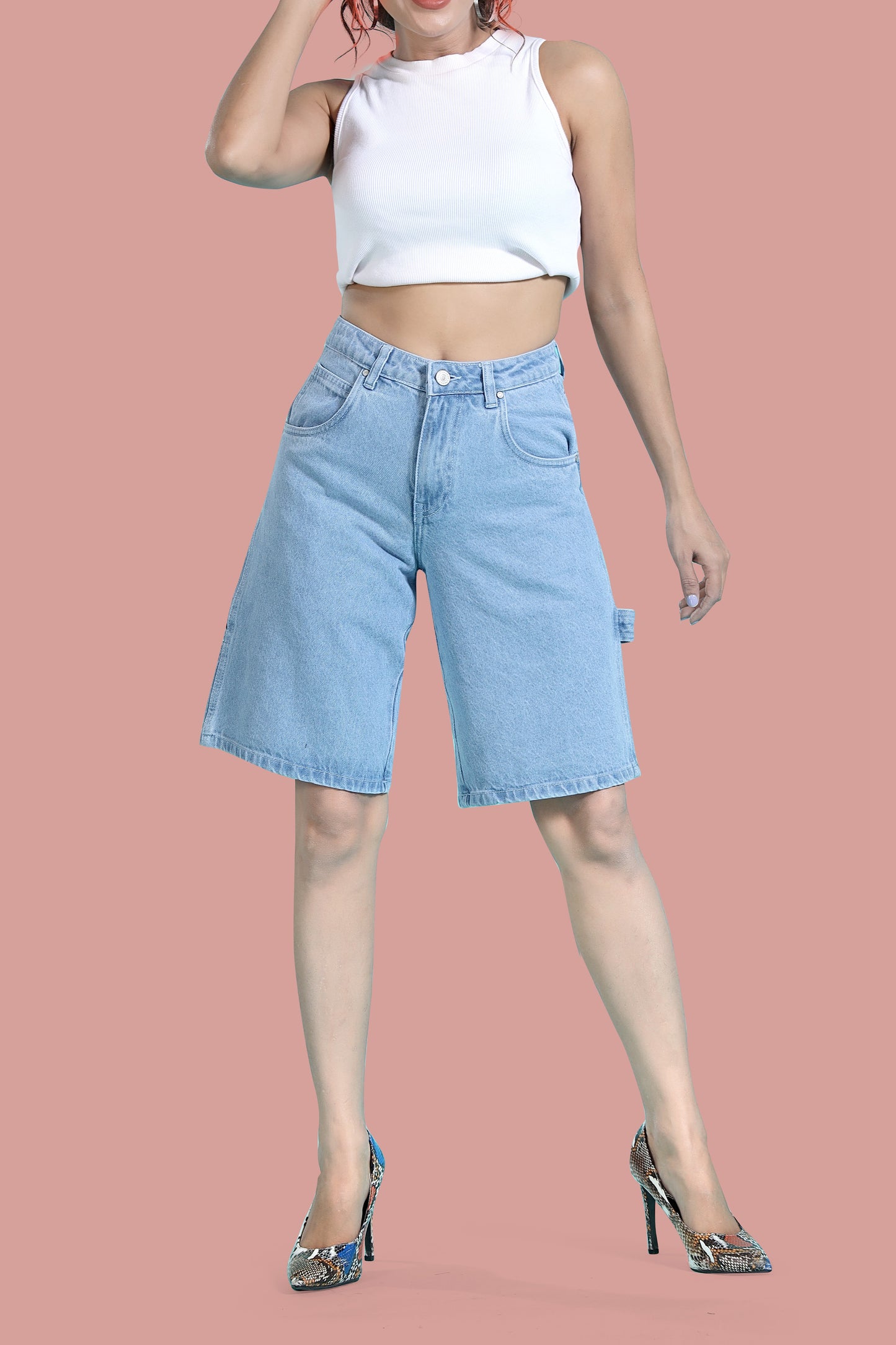 Clothmaker Women's Bermuda Fit Denim Shorts, Ice Blue, Non-Stretchable, Stylish & Comfortable Casual Wear for Women - Denim Short 1049