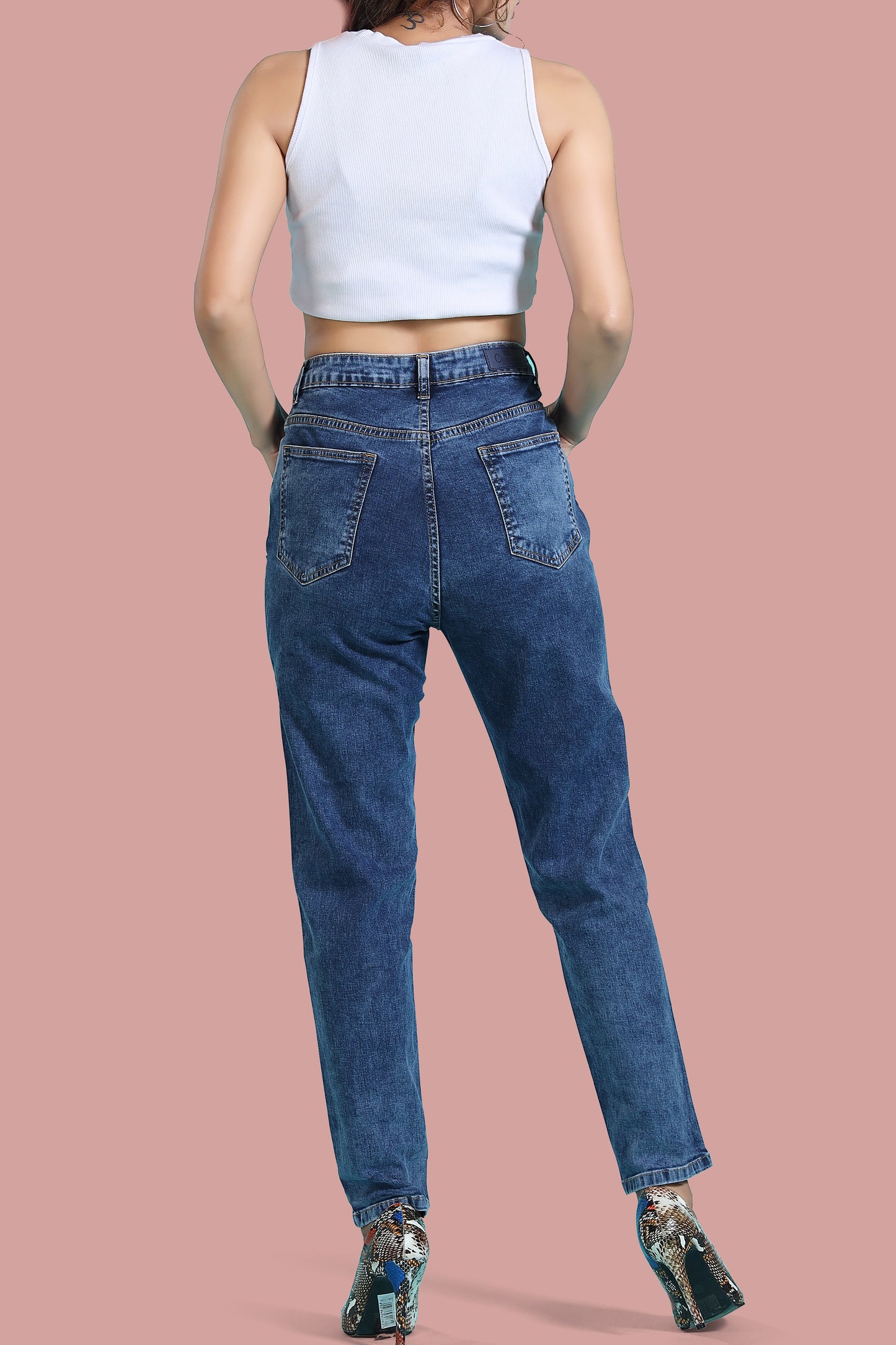 Clothmaker Women's Mom Fit Indigo Stretchable Denim Jeans - Stylish High-Rise Comfortable Fit, Fabric, Perfect for Casual Wear 1046
