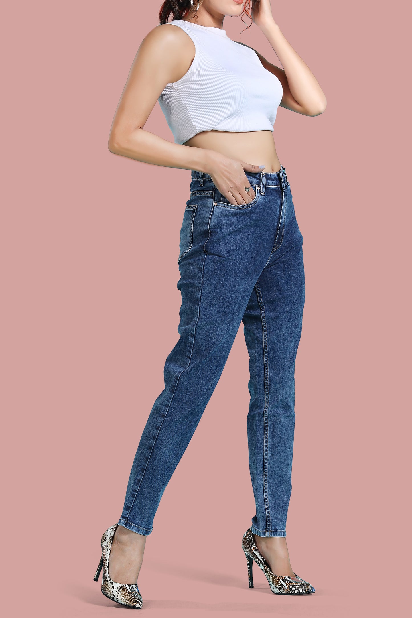 Clothmaker Women's Mom Fit Indigo Stretchable Denim Jeans - Stylish High-Rise Comfortable Fit, Fabric, Perfect for Casual Wear 1046
