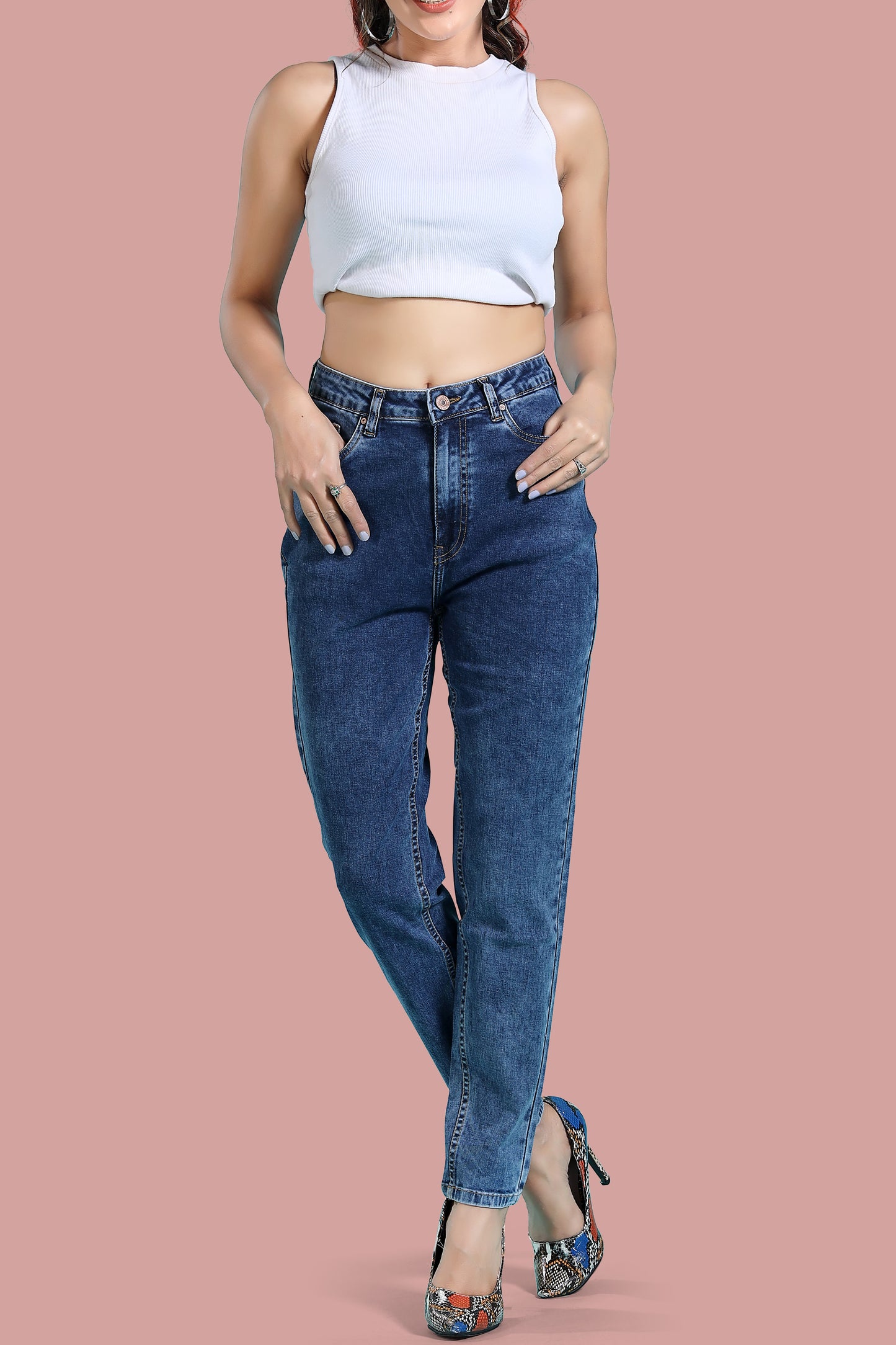 Clothmaker Women's Mom Fit Indigo Stretchable Denim Jeans - Stylish High-Rise Comfortable Fit, Fabric, Perfect for Casual Wear 1046