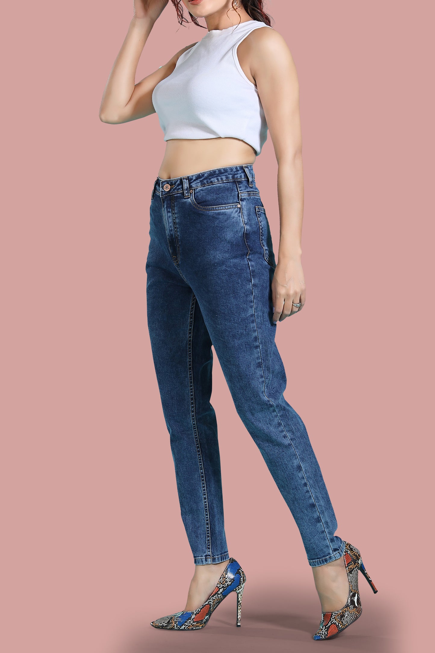 Clothmaker Women's Mom Fit Indigo Stretchable Denim Jeans - Stylish High-Rise Comfortable Fit, Fabric, Perfect for Casual Wear 1046