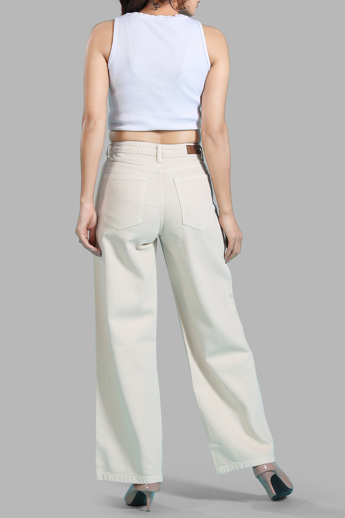 Clothmaker Women's Beige Wide-Leg Denim Jeans, High-Waisted Non-Stretchable Denim, Trendy Casual Wear for Women, Relaxed Fit 1056