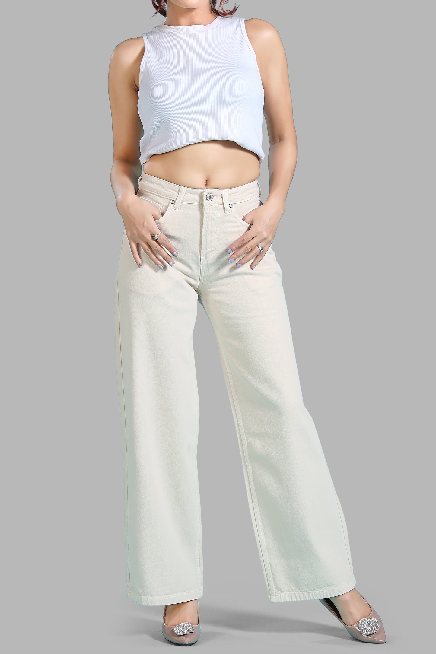 Clothmaker Women's Beige Wide-Leg Denim Jeans, High-Waisted Non-Stretchable Denim, Trendy Casual Wear for Women, Relaxed Fit 1056