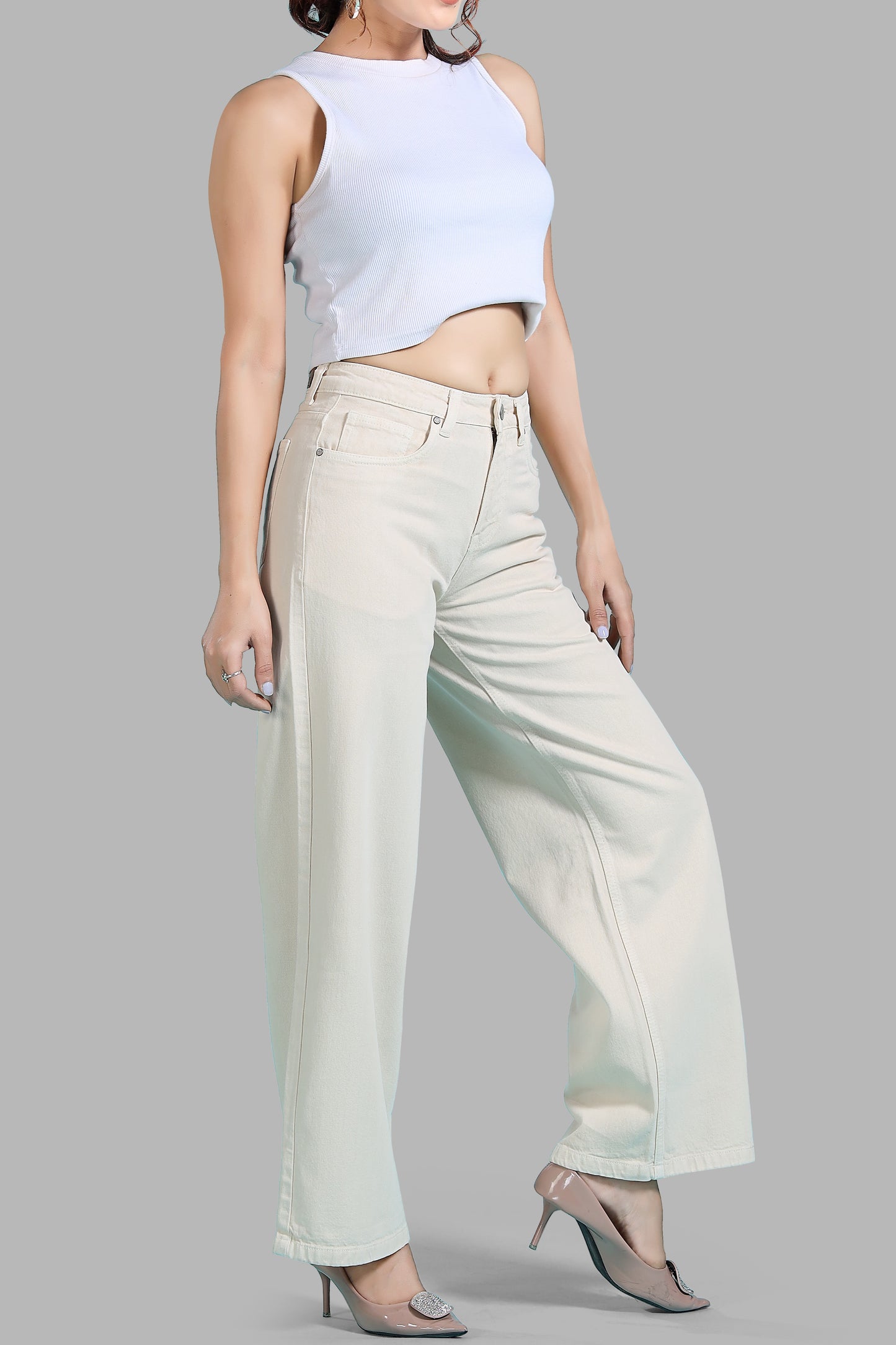Clothmaker Women's Beige Wide-Leg Denim Jeans, High-Waisted Non-Stretchable Denim, Trendy Casual Wear for Women, Relaxed Fit 1056