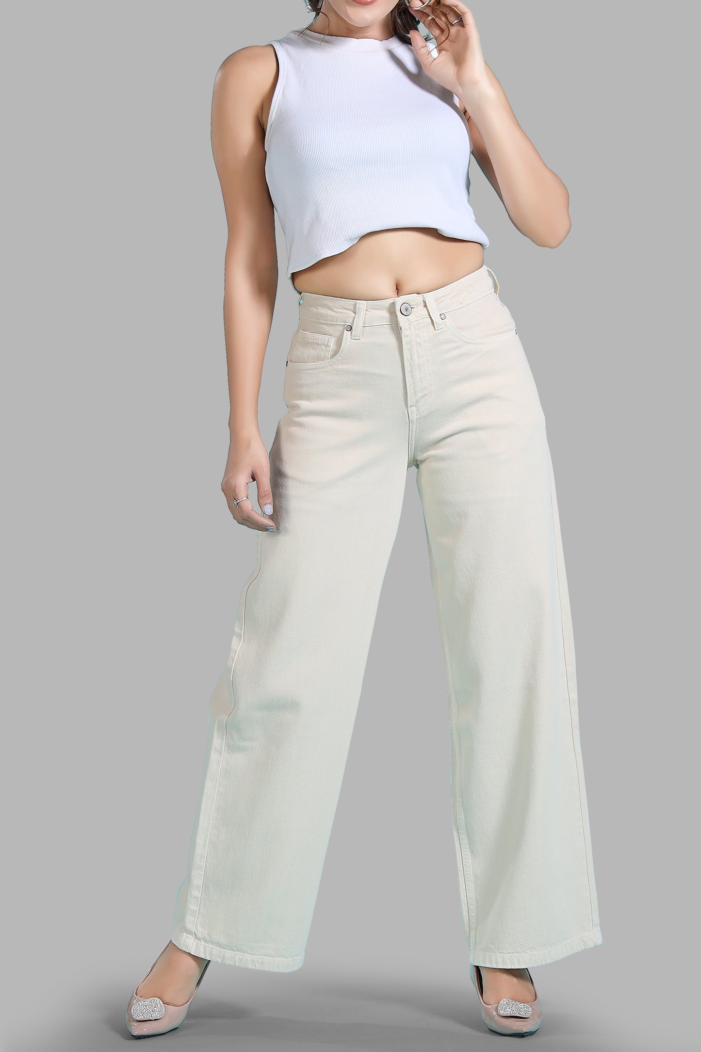 Clothmaker Women's Beige Wide-Leg Denim Jeans, High-Waisted Non-Stretchable Denim, Trendy Casual Wear for Women, Relaxed Fit 1056