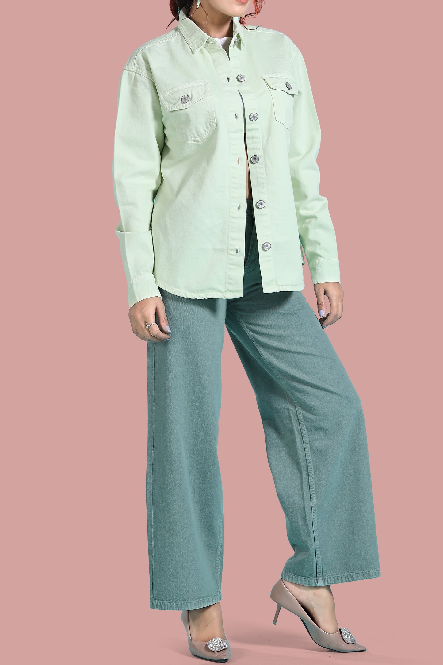 Clothmaker Women's Neon Green Shacket - Non-Stretchable Denim, Stylish and Comfortable Outerwear, Perfect for Casual and Layered Looks 2010