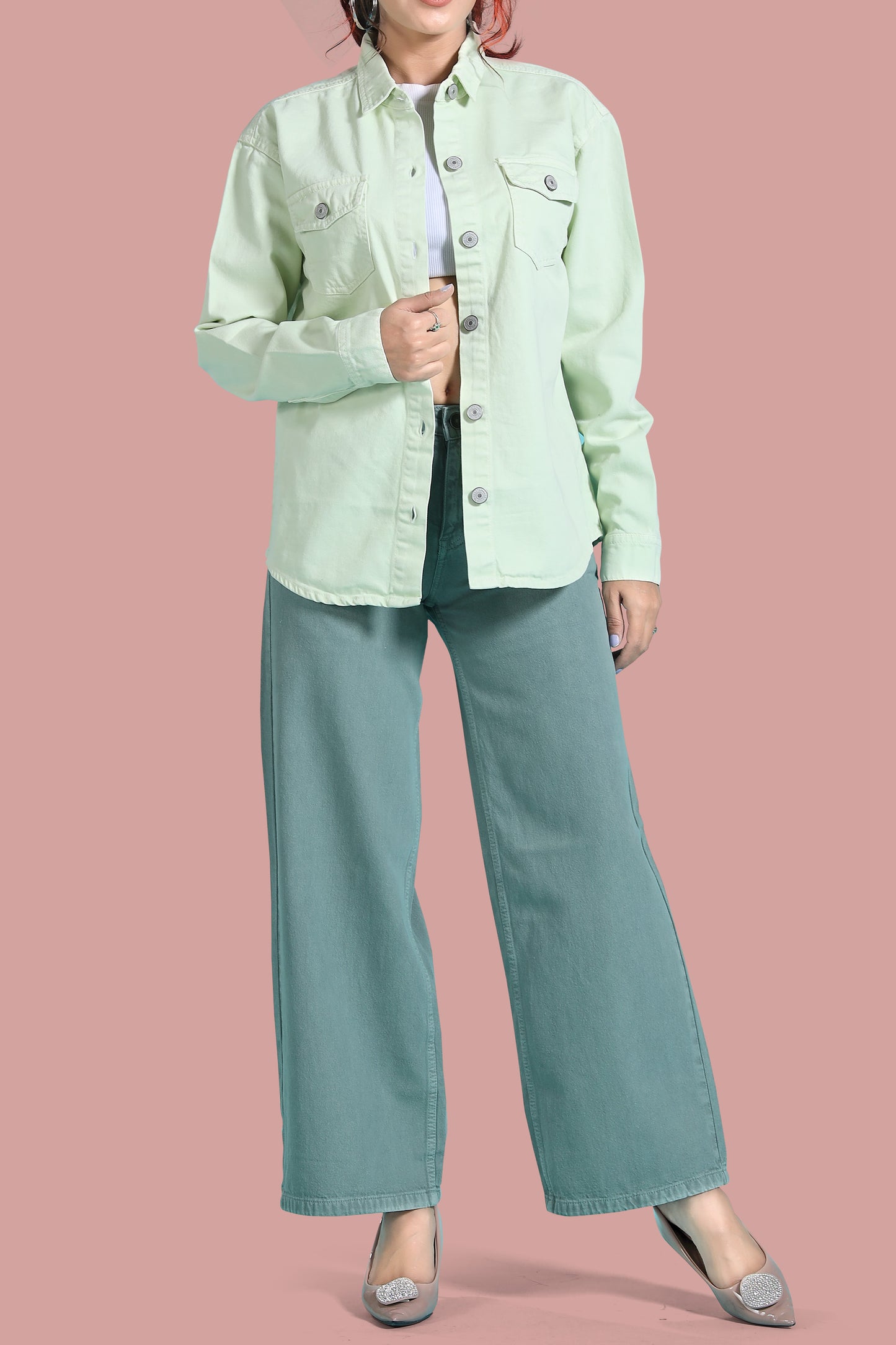 Clothmaker Women's Neon Green Shacket - Non-Stretchable Denim, Stylish and Comfortable Outerwear, Perfect for Casual and Layered Looks 2010