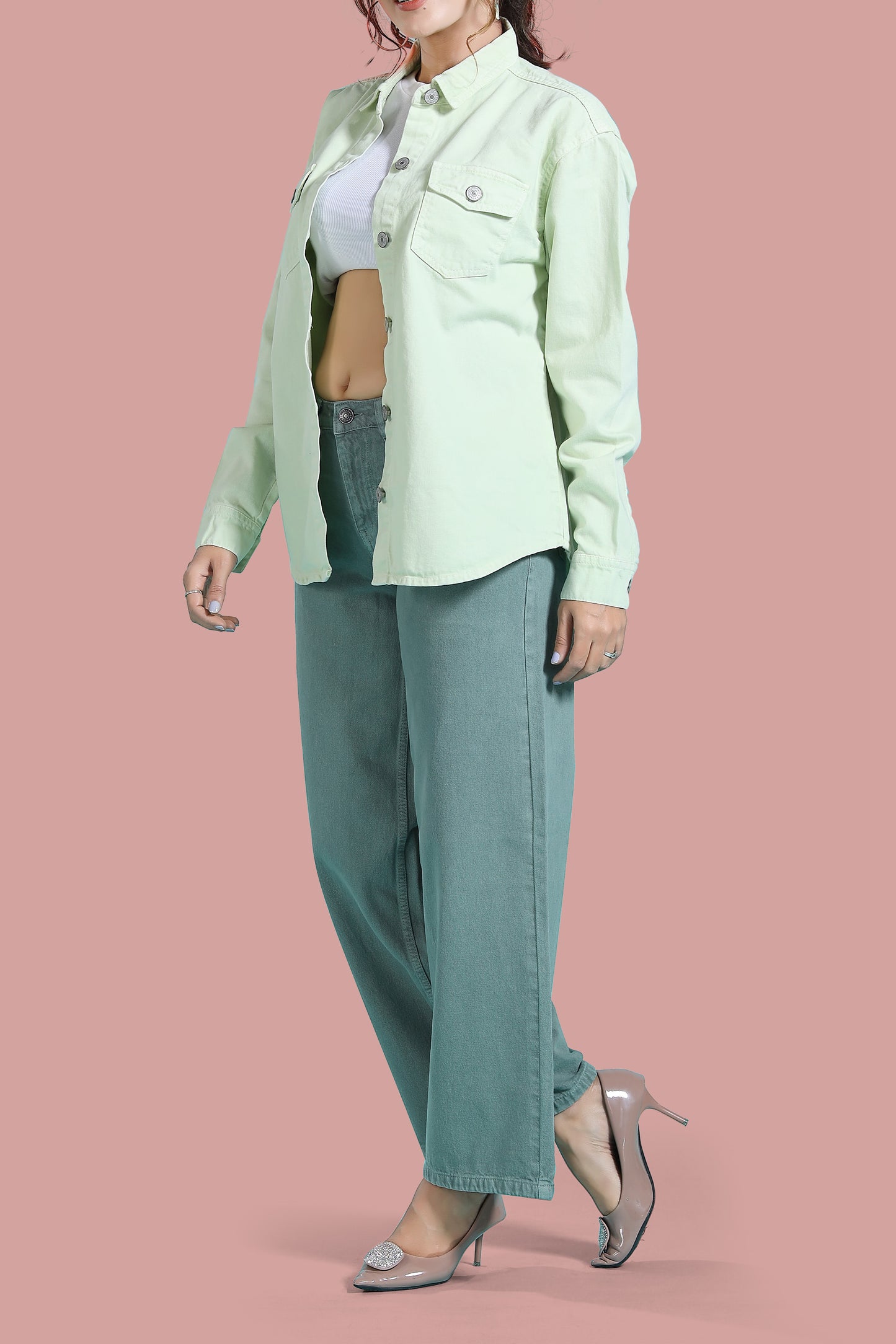 Clothmaker Women's Neon Green Shacket - Non-Stretchable Denim, Stylish and Comfortable Outerwear, Perfect for Casual and Layered Looks 2010
