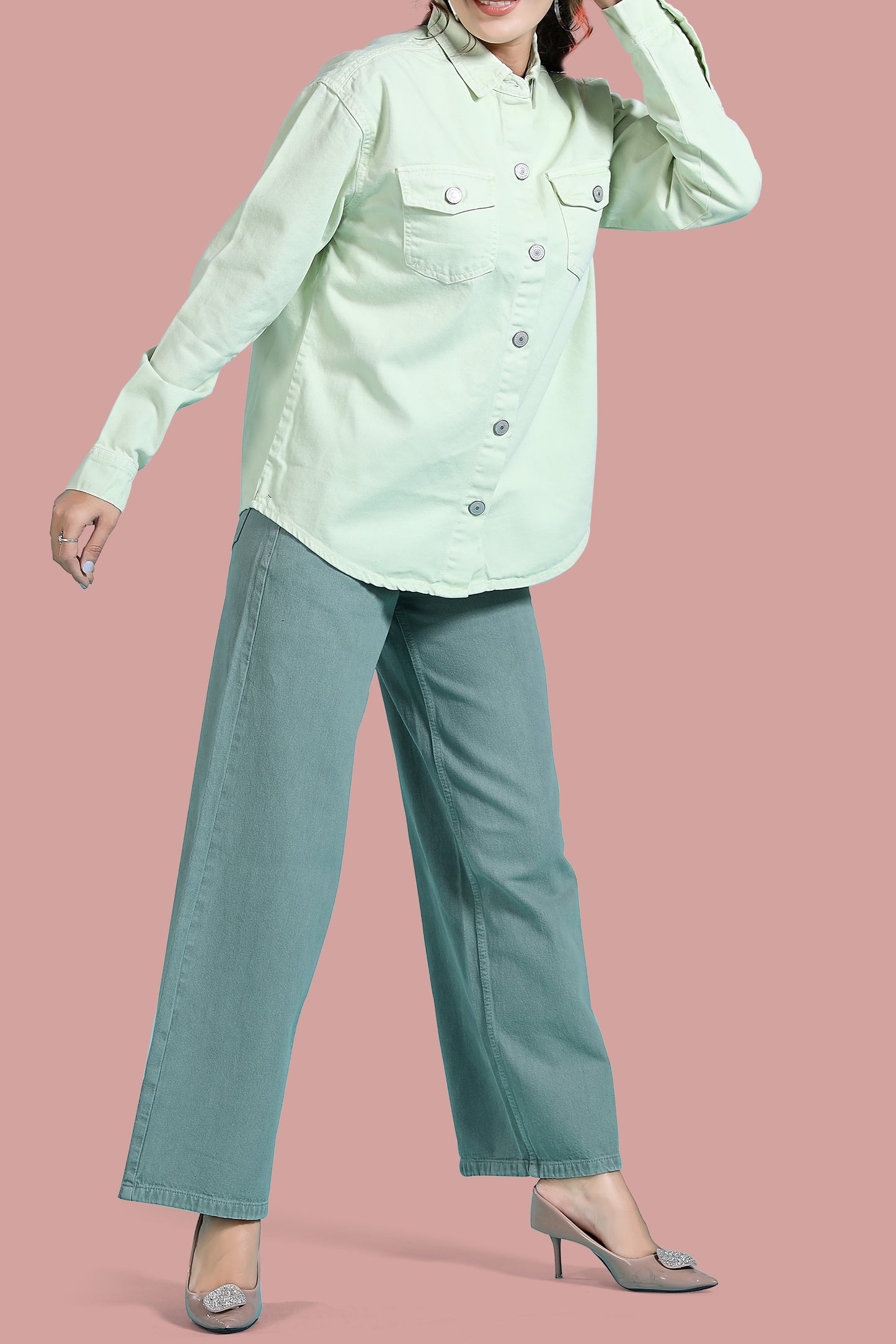 Clothmaker Women's Neon Green Shacket - Non-Stretchable Denim, Stylish and Comfortable Outerwear, Perfect for Casual and Layered Looks 2010